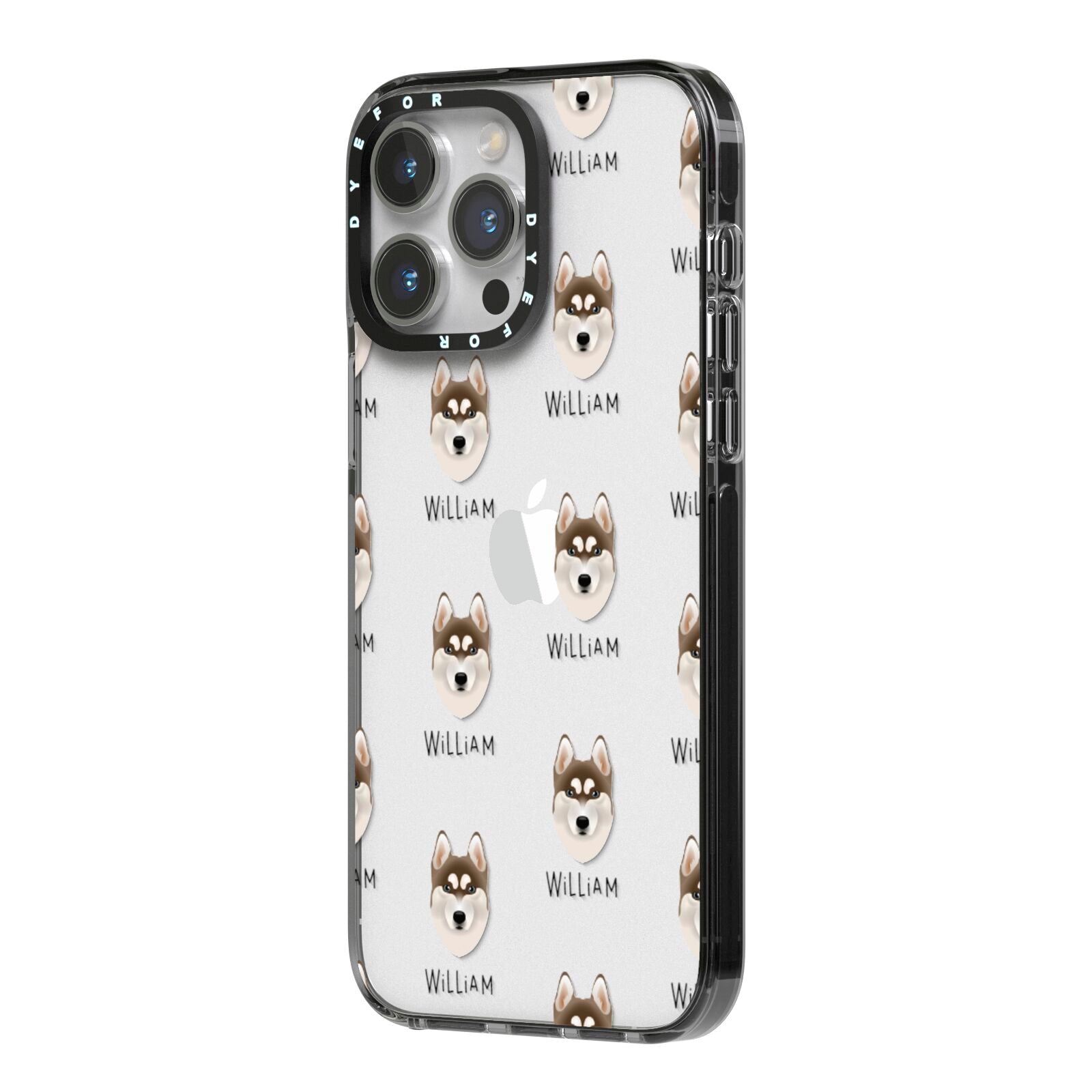 Siberian Husky Icon with Name iPhone 14 Pro Max Black Impact Case Side Angle on Silver phone