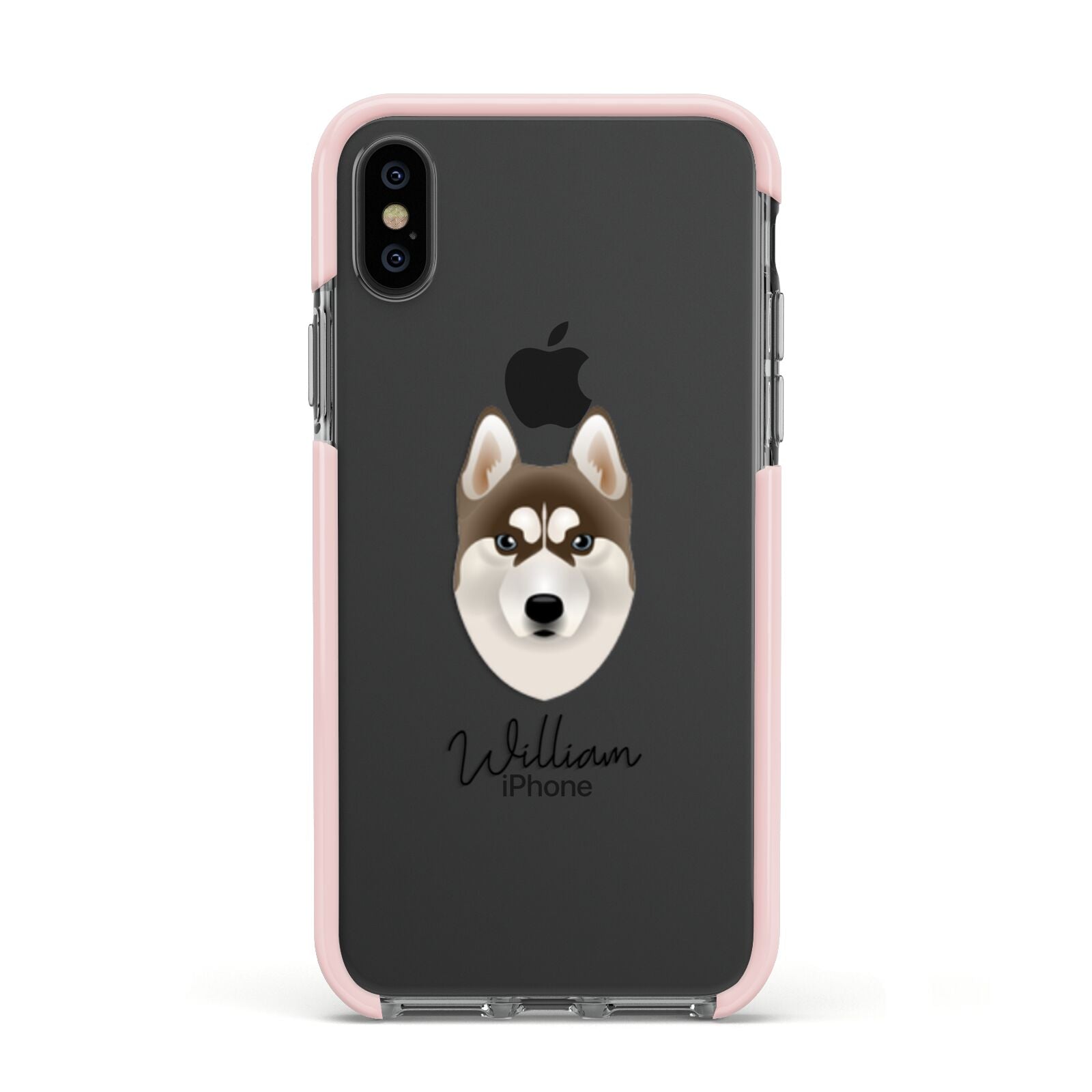 Siberian Husky Personalised Apple iPhone Xs Impact Case Pink Edge on Black Phone