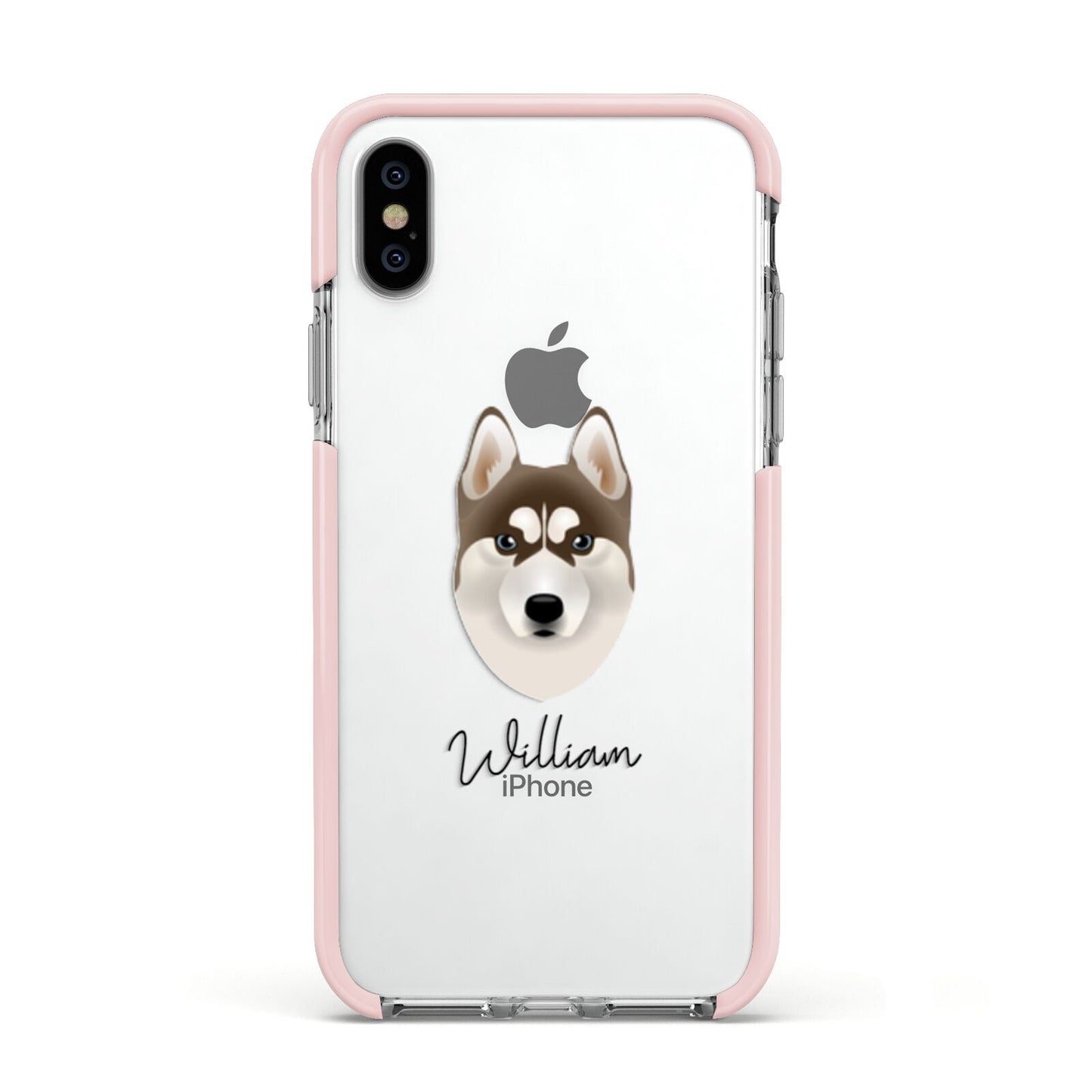 Siberian Husky Personalised Apple iPhone Xs Impact Case Pink Edge on Silver Phone