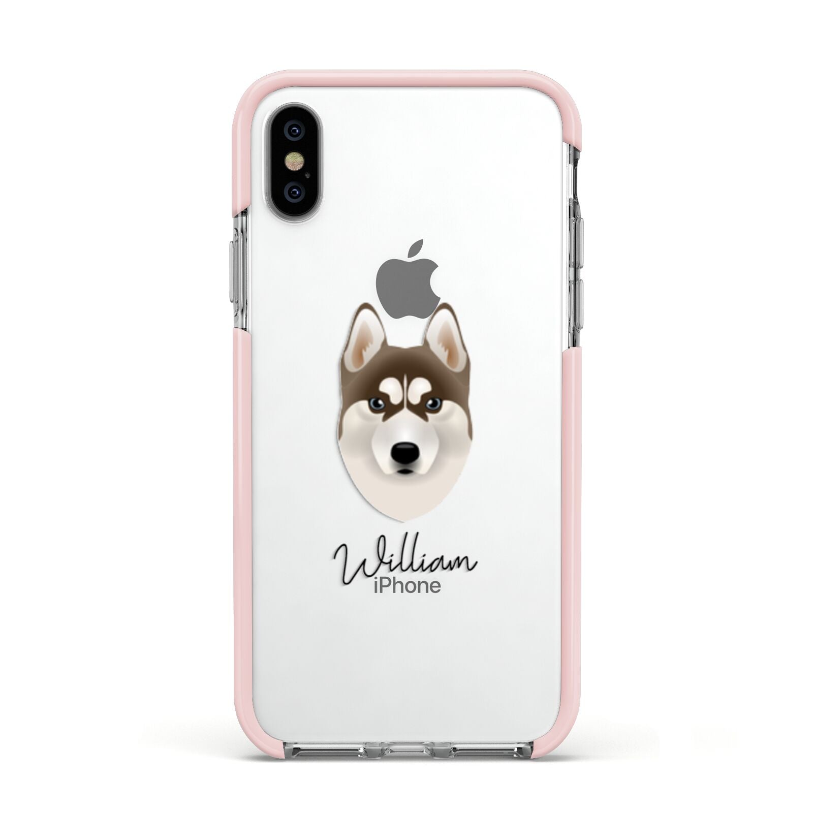 Siberian Husky Personalised Apple iPhone Xs Impact Case Pink Edge on Silver Phone