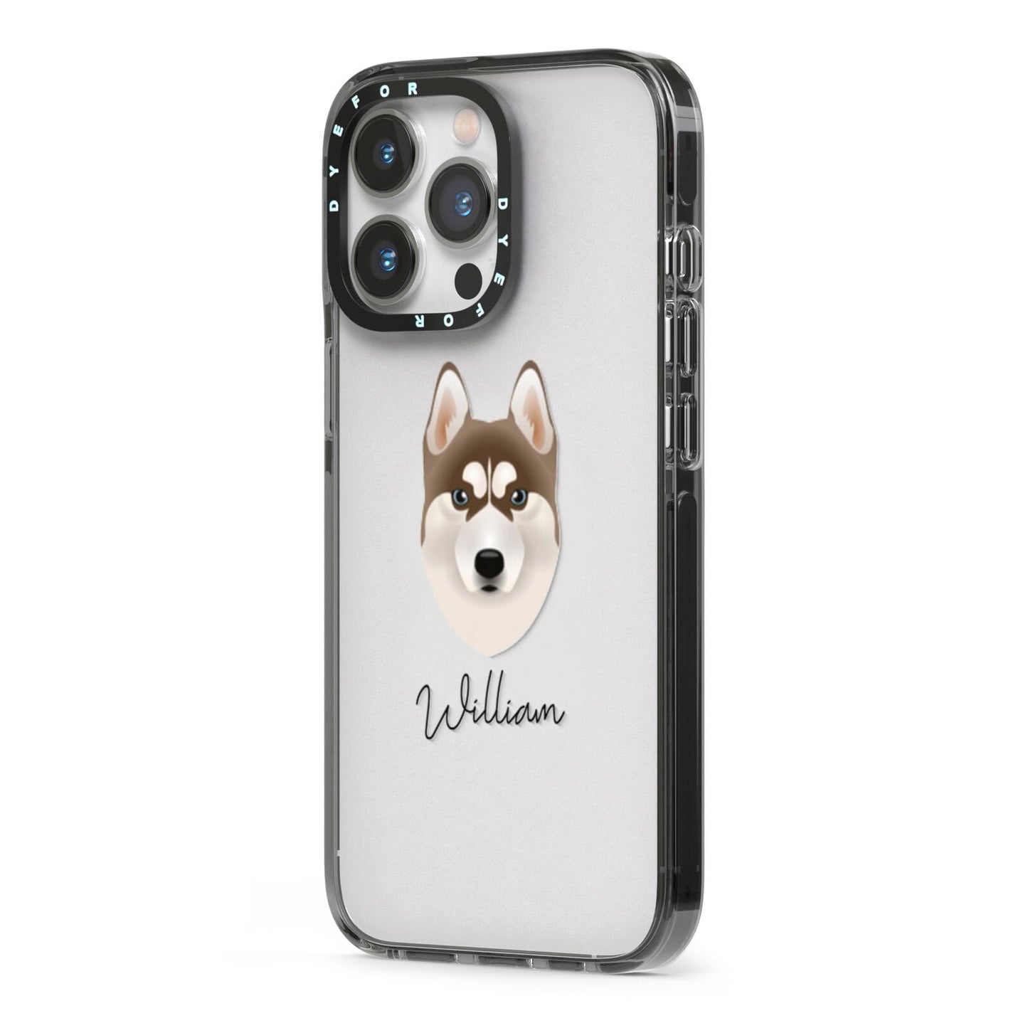 Siberian Husky Personalised iPhone 13 Pro Black Impact Case Side Angle on Silver phone