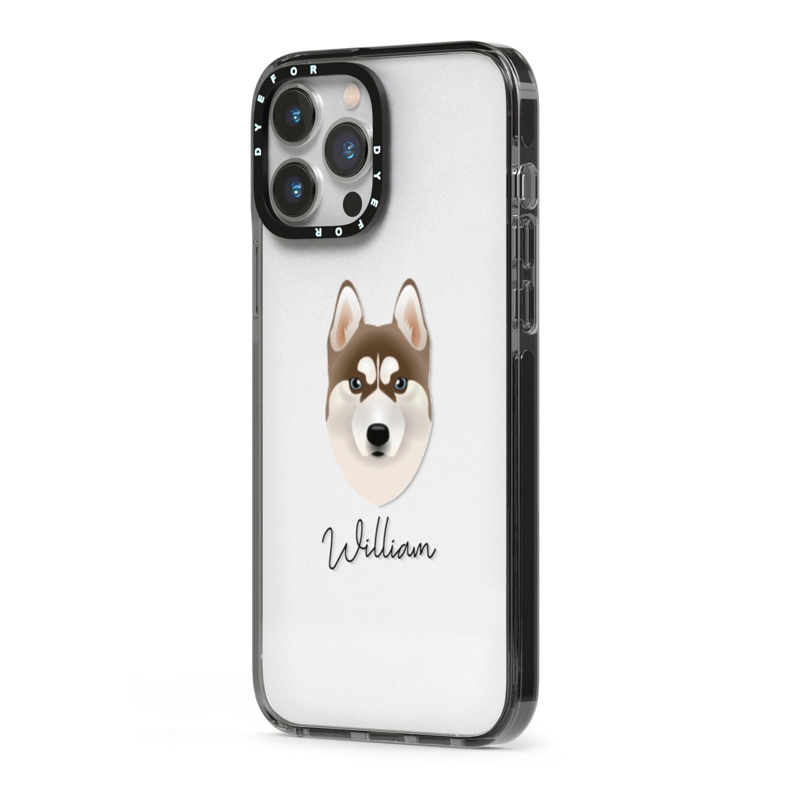 Siberian Husky Personalised iPhone 13 Pro Max Black Impact Case Side Angle on Silver phone