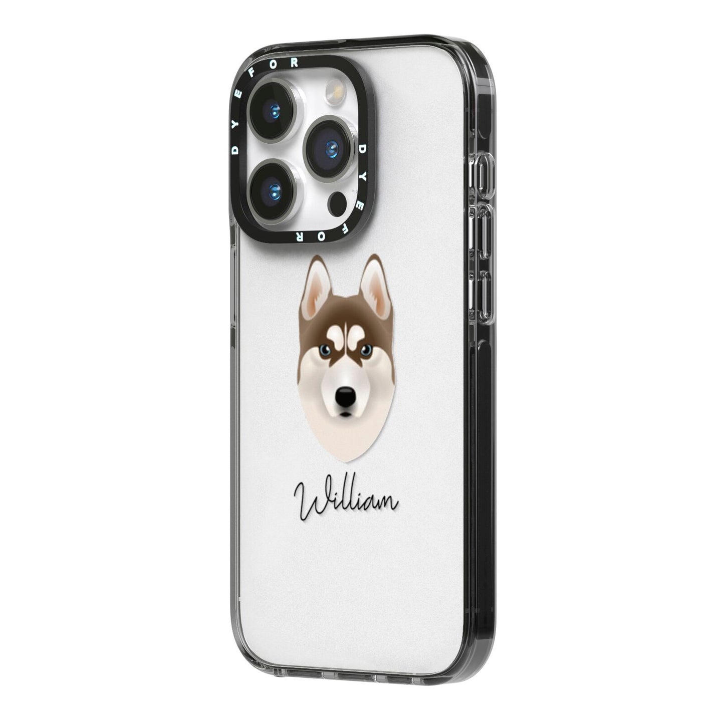 Siberian Husky Personalised iPhone 14 Pro Black Impact Case Side Angle on Silver phone