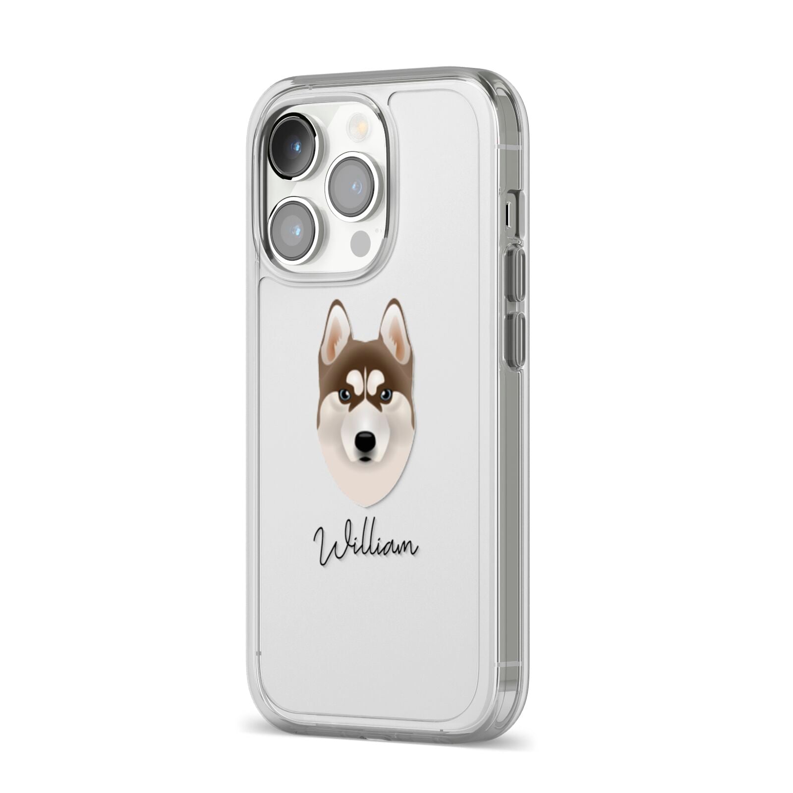 Siberian Husky Personalised iPhone 14 Pro Clear Tough Case Silver Angled Image