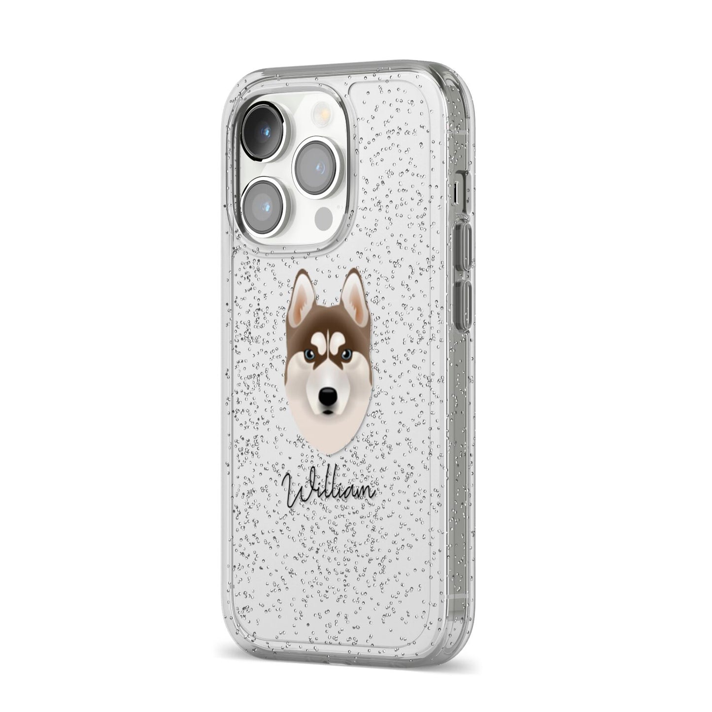 Siberian Husky Personalised iPhone 14 Pro Glitter Tough Case Silver Angled Image