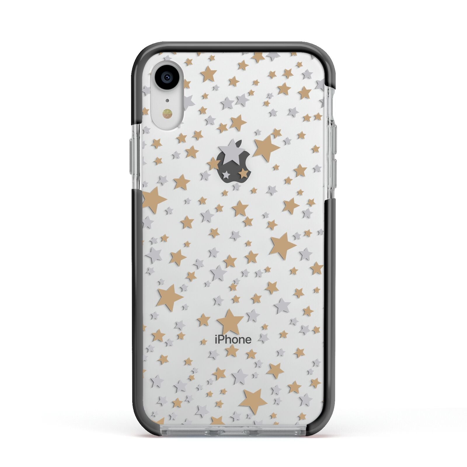 Silver Gold Stars Apple iPhone XR Impact Case Black Edge on Silver Phone