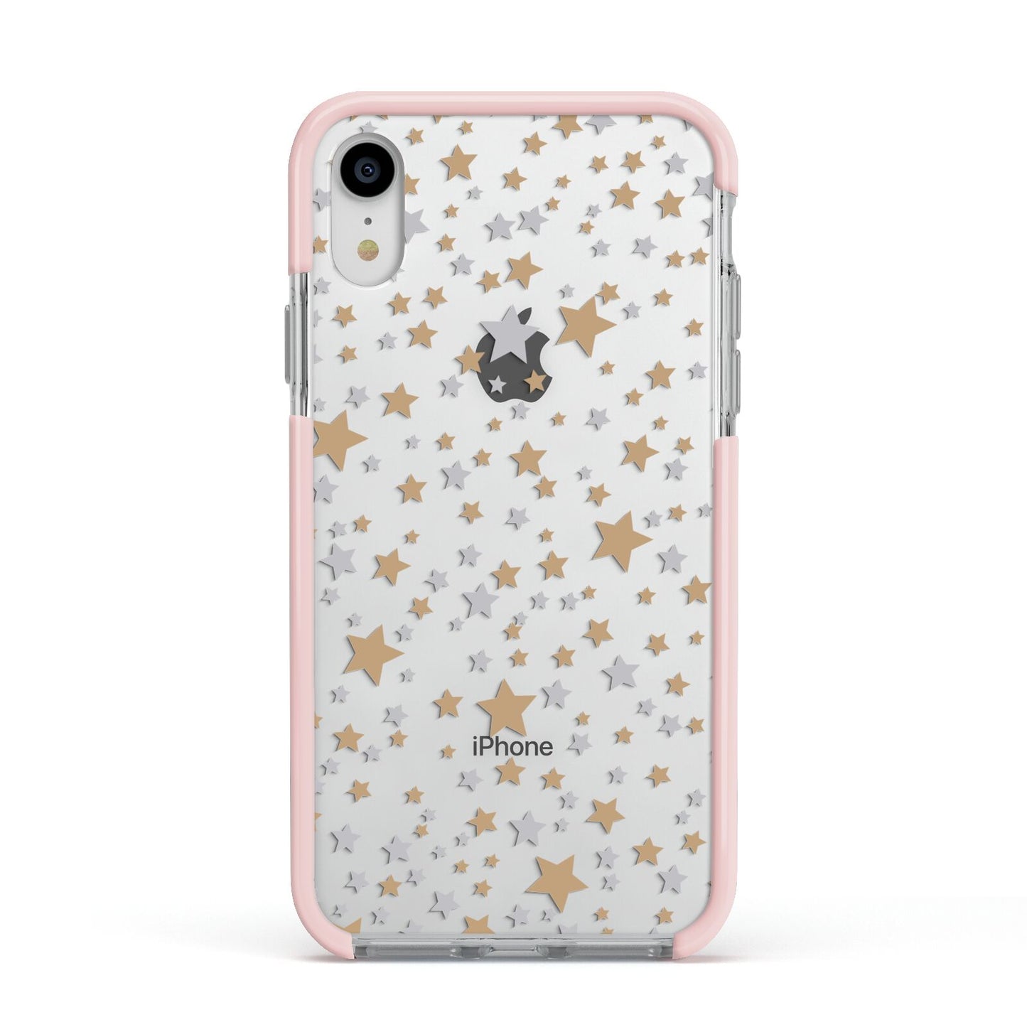 Silver Gold Stars Apple iPhone XR Impact Case Pink Edge on Silver Phone