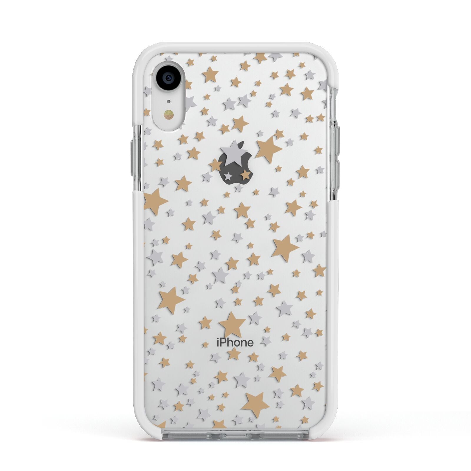 Silver Gold Stars Apple iPhone XR Impact Case White Edge on Silver Phone