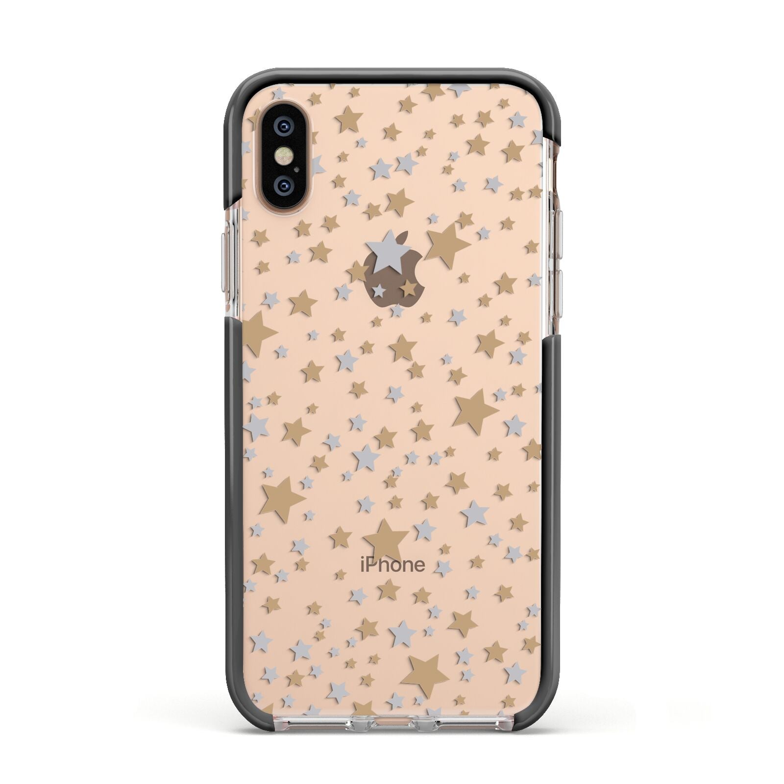Silver Gold Stars Apple iPhone Xs Impact Case Black Edge on Gold Phone