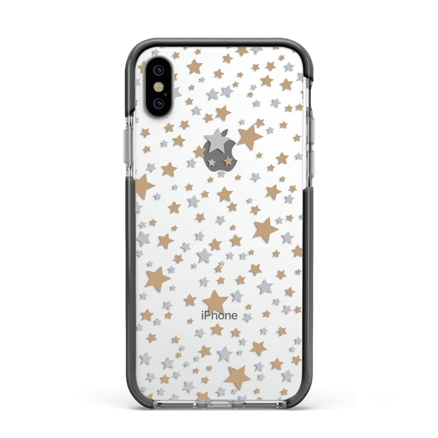 Silver Gold Stars Apple iPhone Xs Impact Case Black Edge on Silver Phone