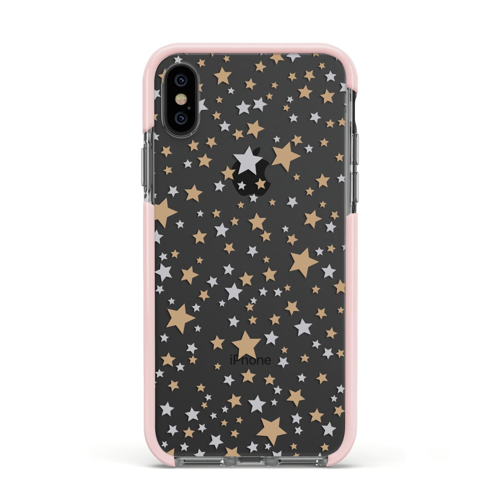 Silver Gold Stars Apple iPhone Xs Impact Case Pink Edge on Black Phone