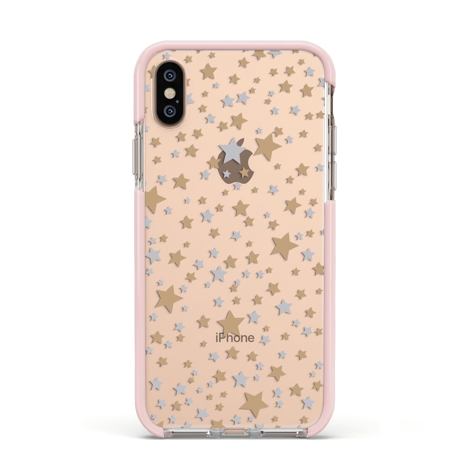 Silver Gold Stars Apple iPhone Xs Impact Case Pink Edge on Gold Phone