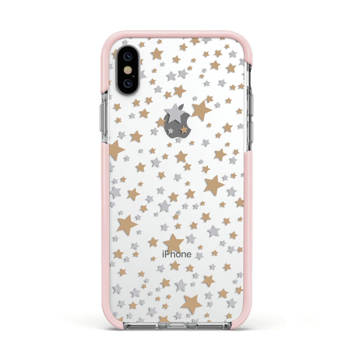 Silver Gold Stars Apple iPhone Xs Impact Case Pink Edge on Silver Phone