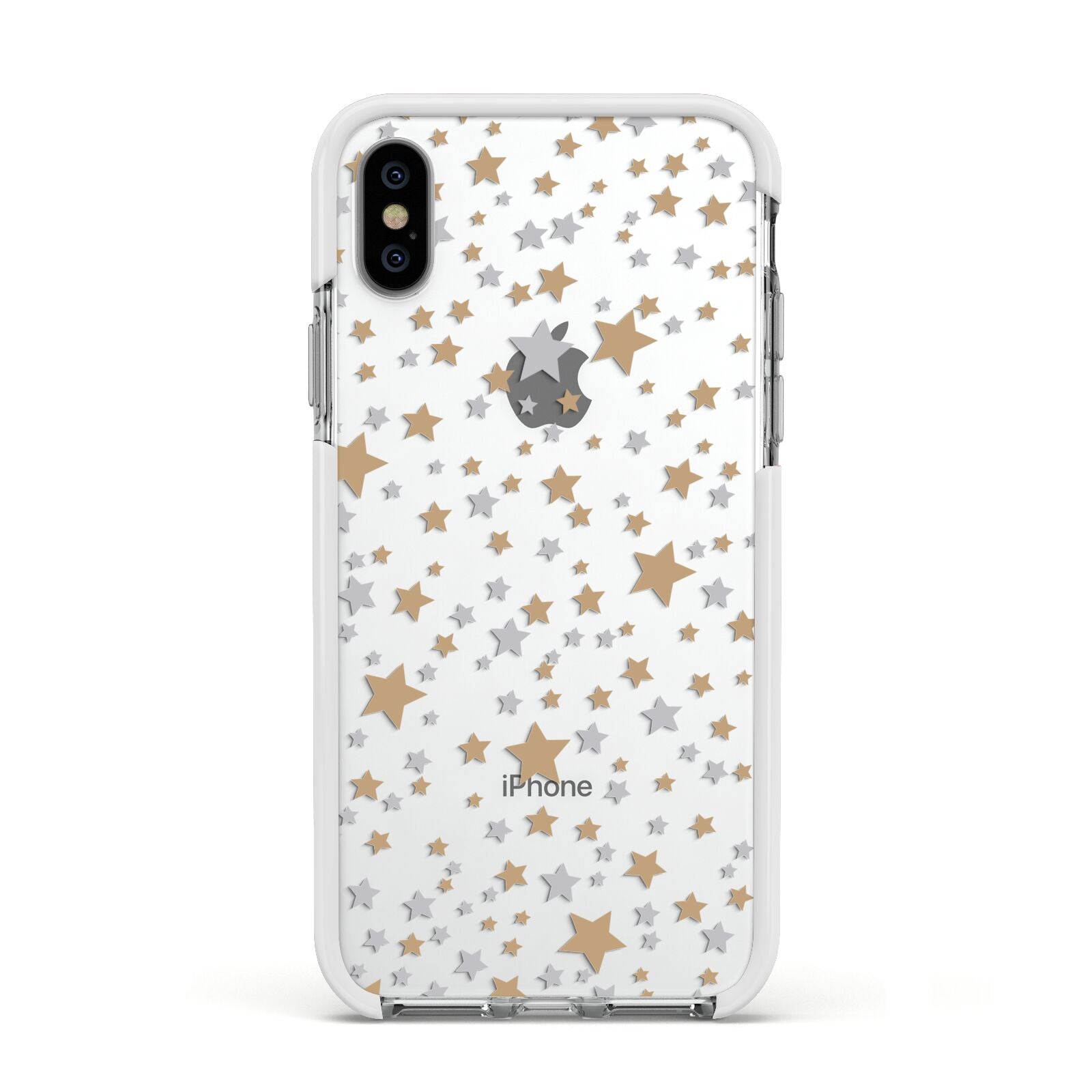 Silver Gold Stars Apple iPhone Xs Impact Case White Edge on Silver Phone