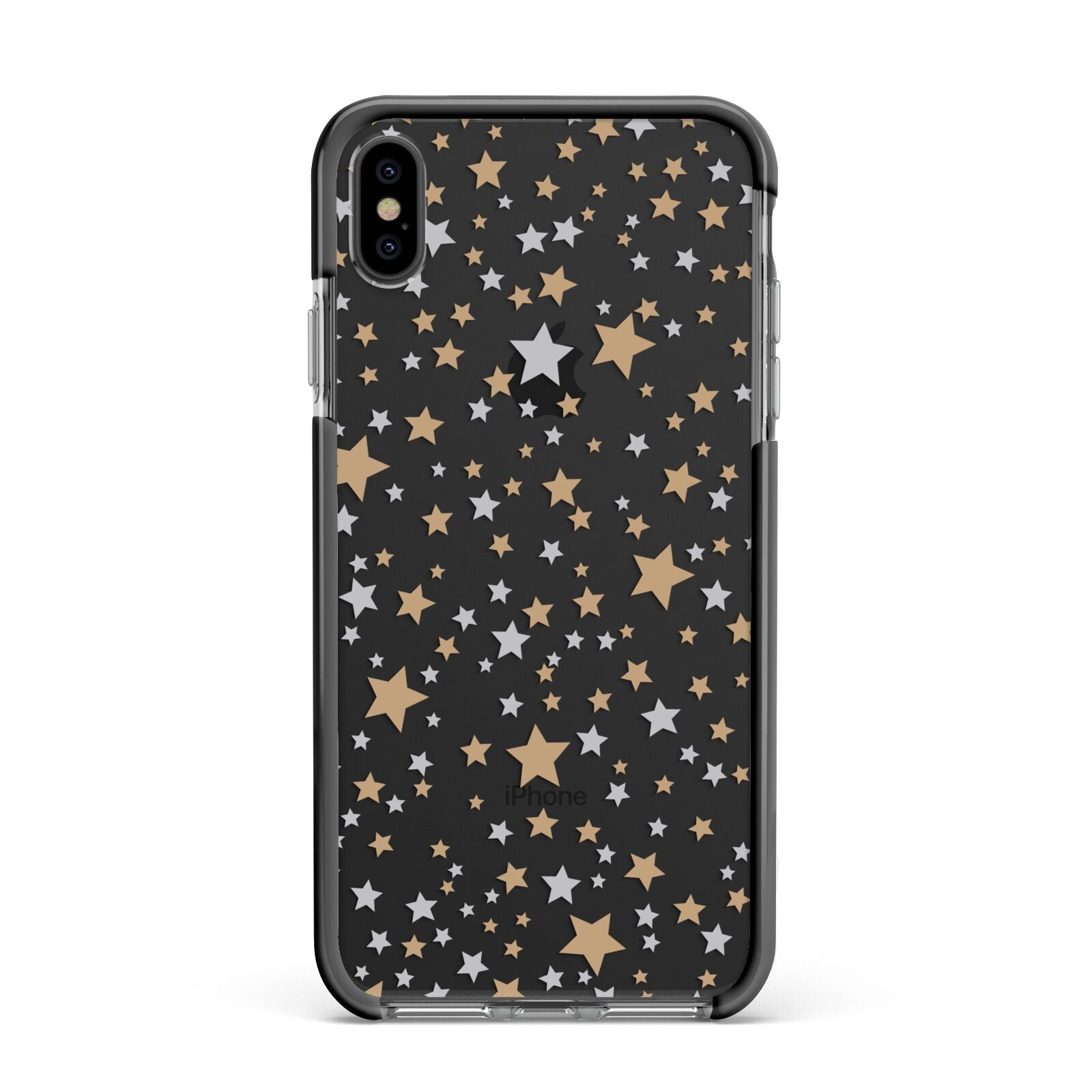 Silver Gold Stars Apple iPhone Xs Max Impact Case Black Edge on Black Phone