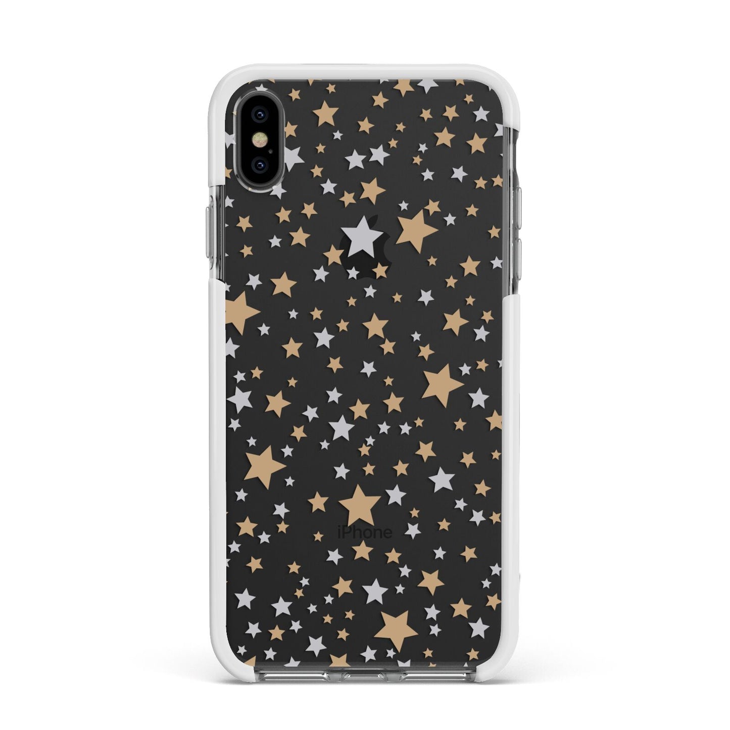 Silver Gold Stars Apple iPhone Xs Max Impact Case White Edge on Black Phone