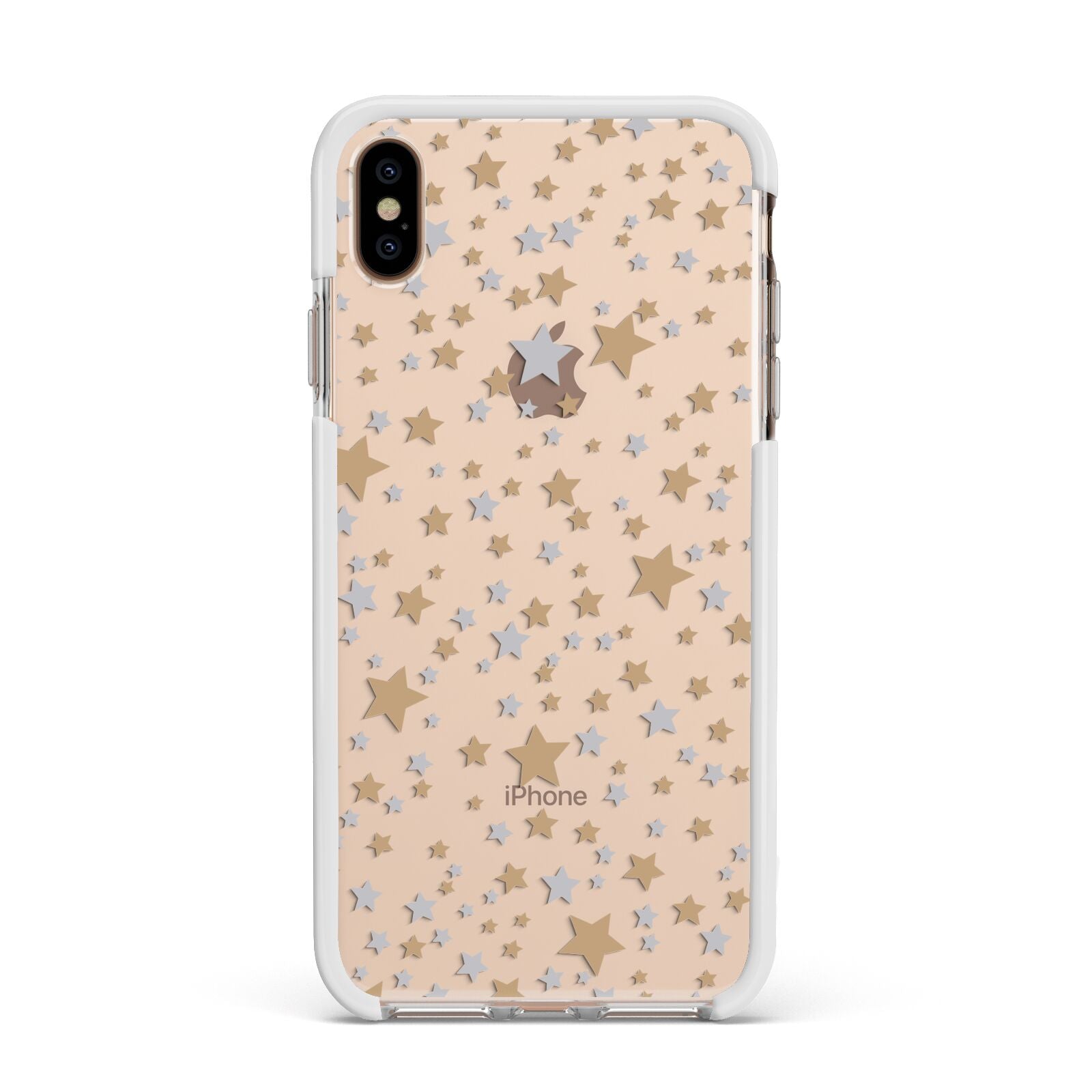 Silver Gold Stars Apple iPhone Xs Max Impact Case White Edge on Gold Phone
