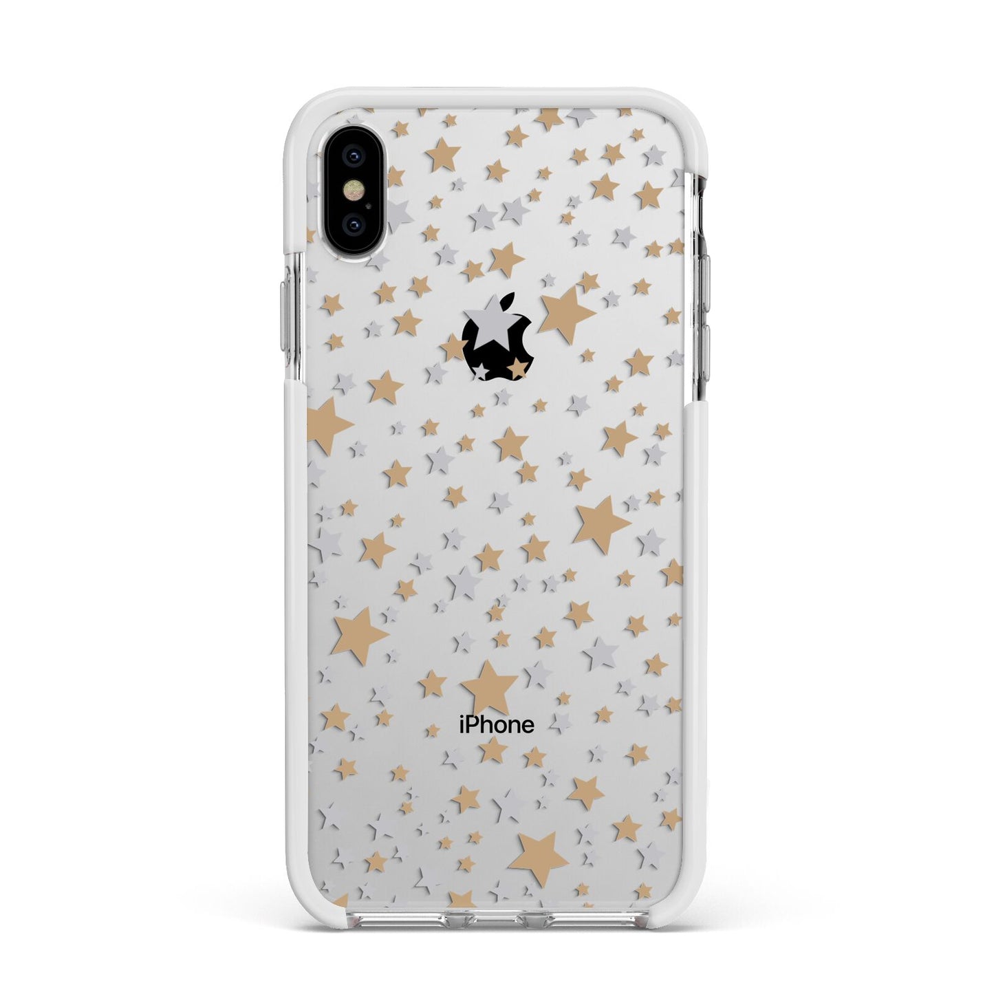 Silver Gold Stars Apple iPhone Xs Max Impact Case White Edge on Silver Phone