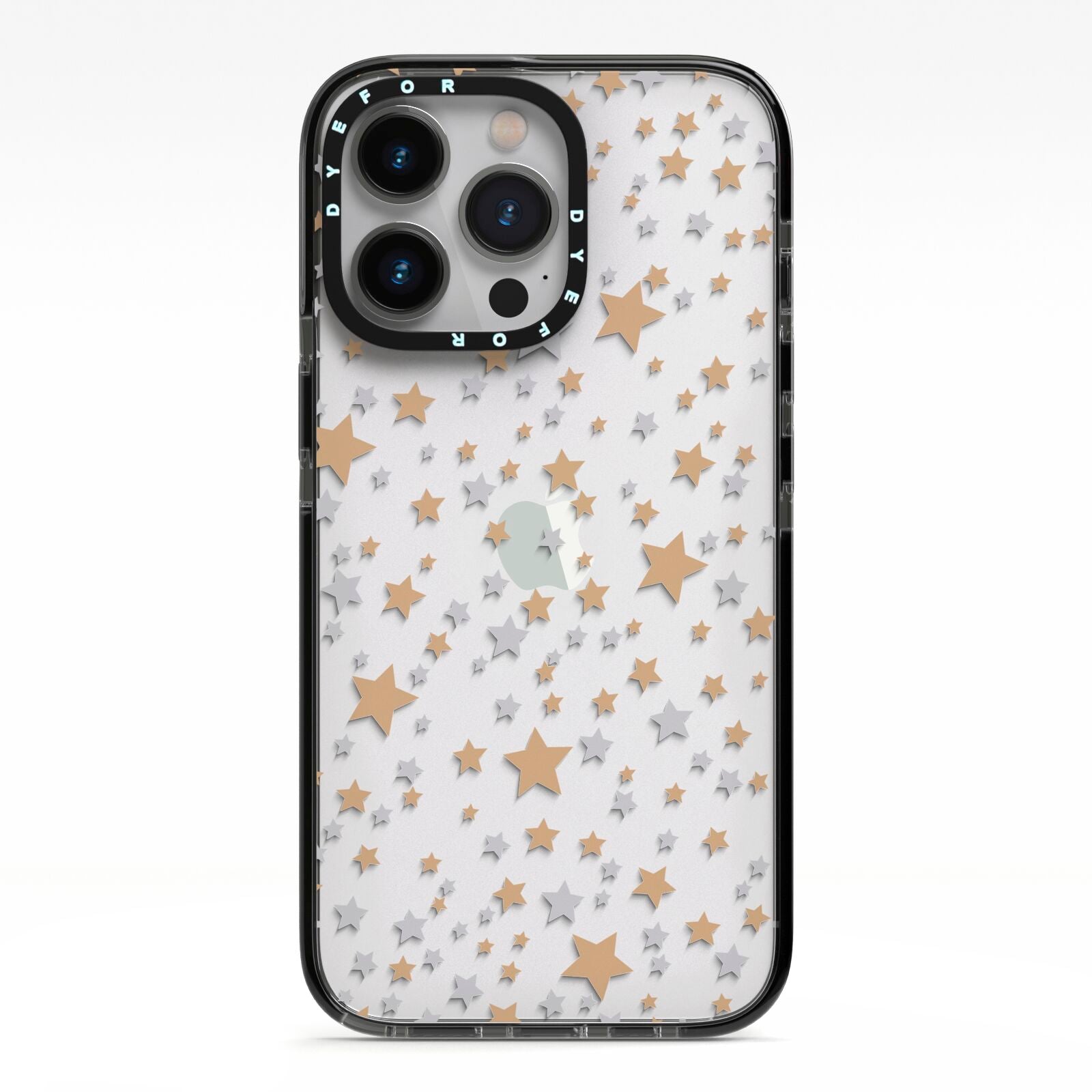 Silver Gold Stars iPhone 13 Pro Black Impact Case on Silver phone