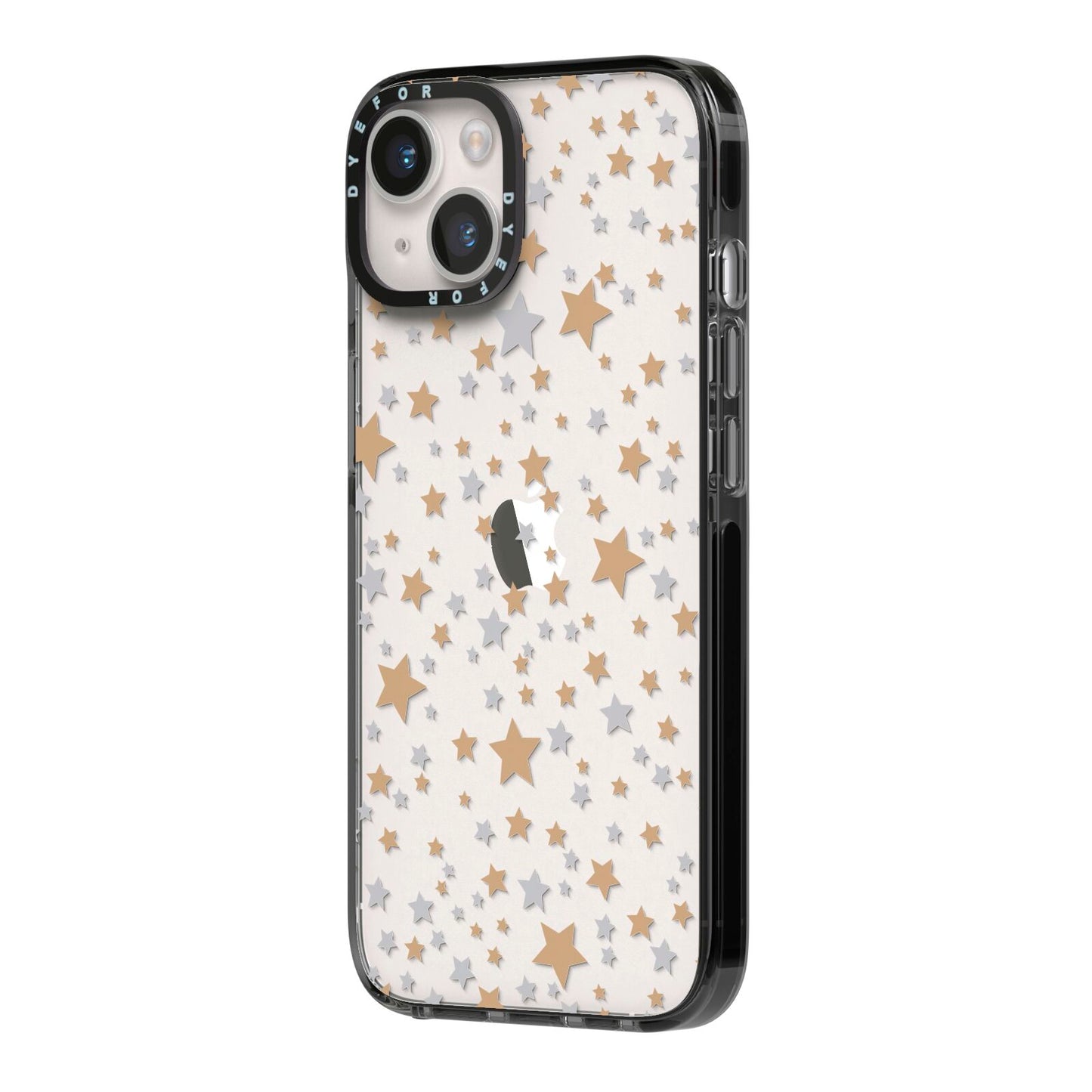 Silver Gold Stars iPhone 14 Black Impact Case Side Angle on Silver phone