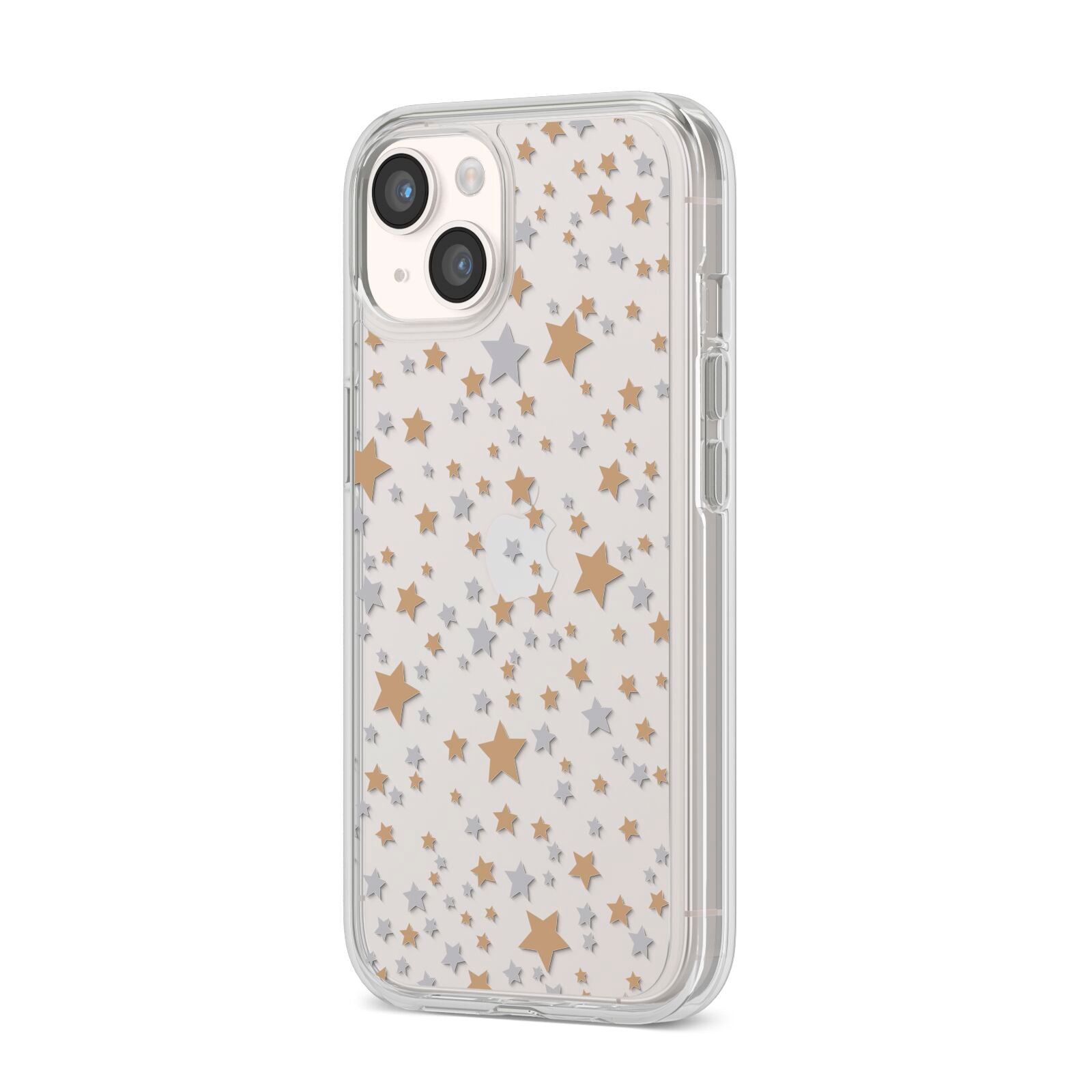 Silver Gold Stars iPhone 14 Clear Tough Case Starlight Angled Image