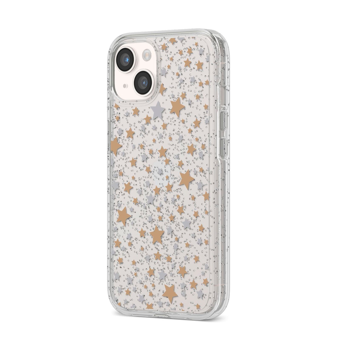 Silver Gold Stars iPhone 14 Glitter Tough Case Starlight Angled Image