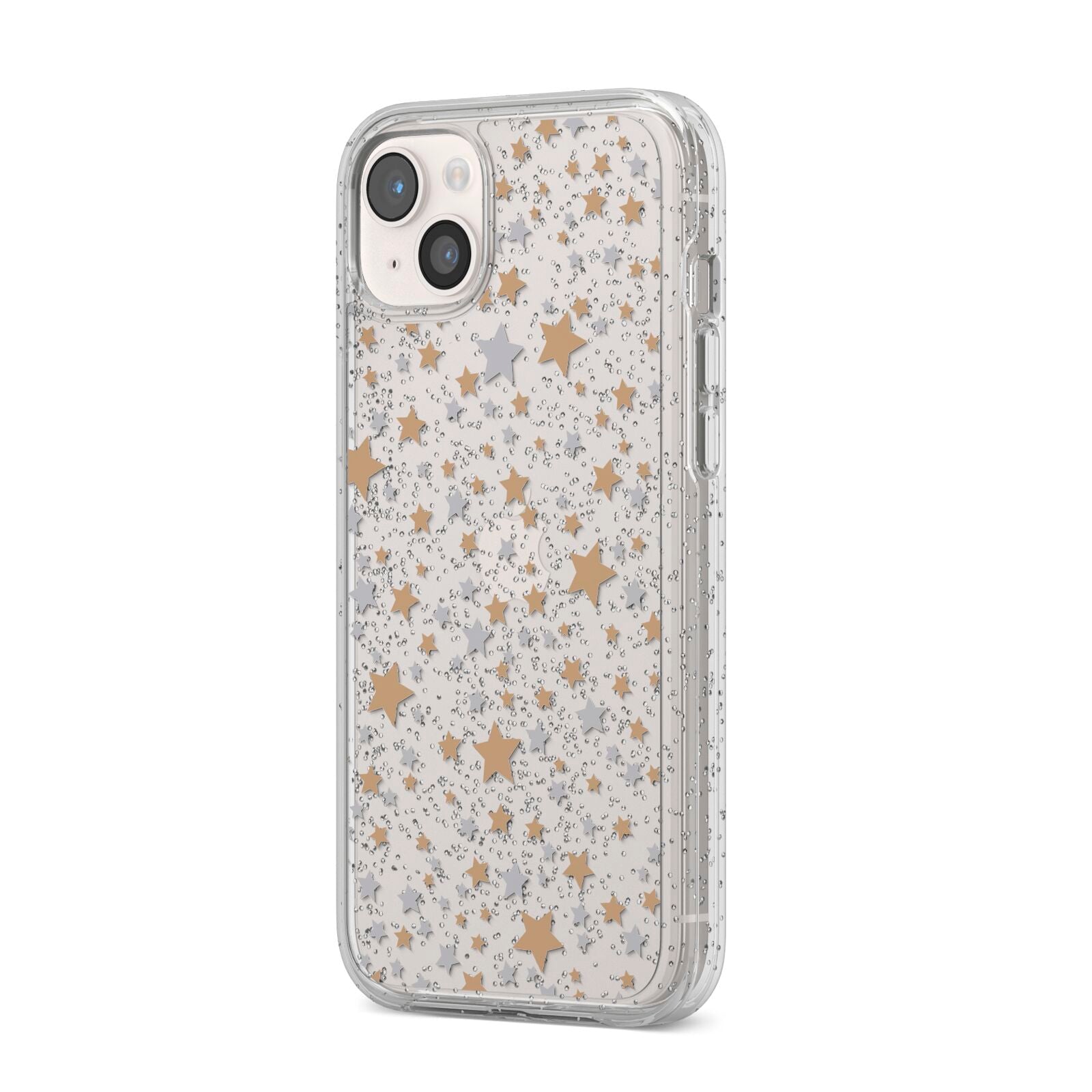 Silver Gold Stars iPhone 14 Plus Glitter Tough Case Starlight Angled Image