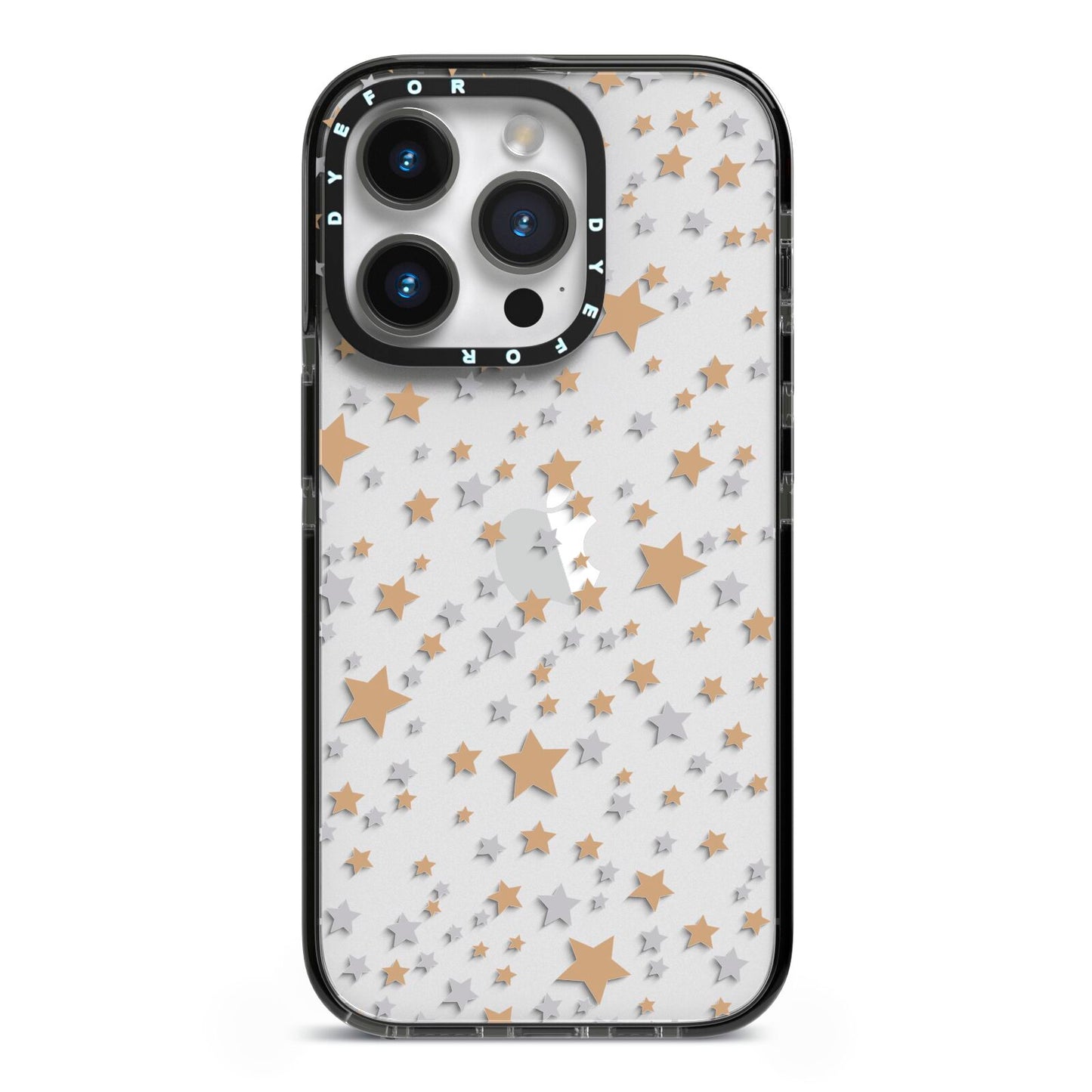 Silver Gold Stars iPhone 14 Pro Black Impact Case on Silver phone