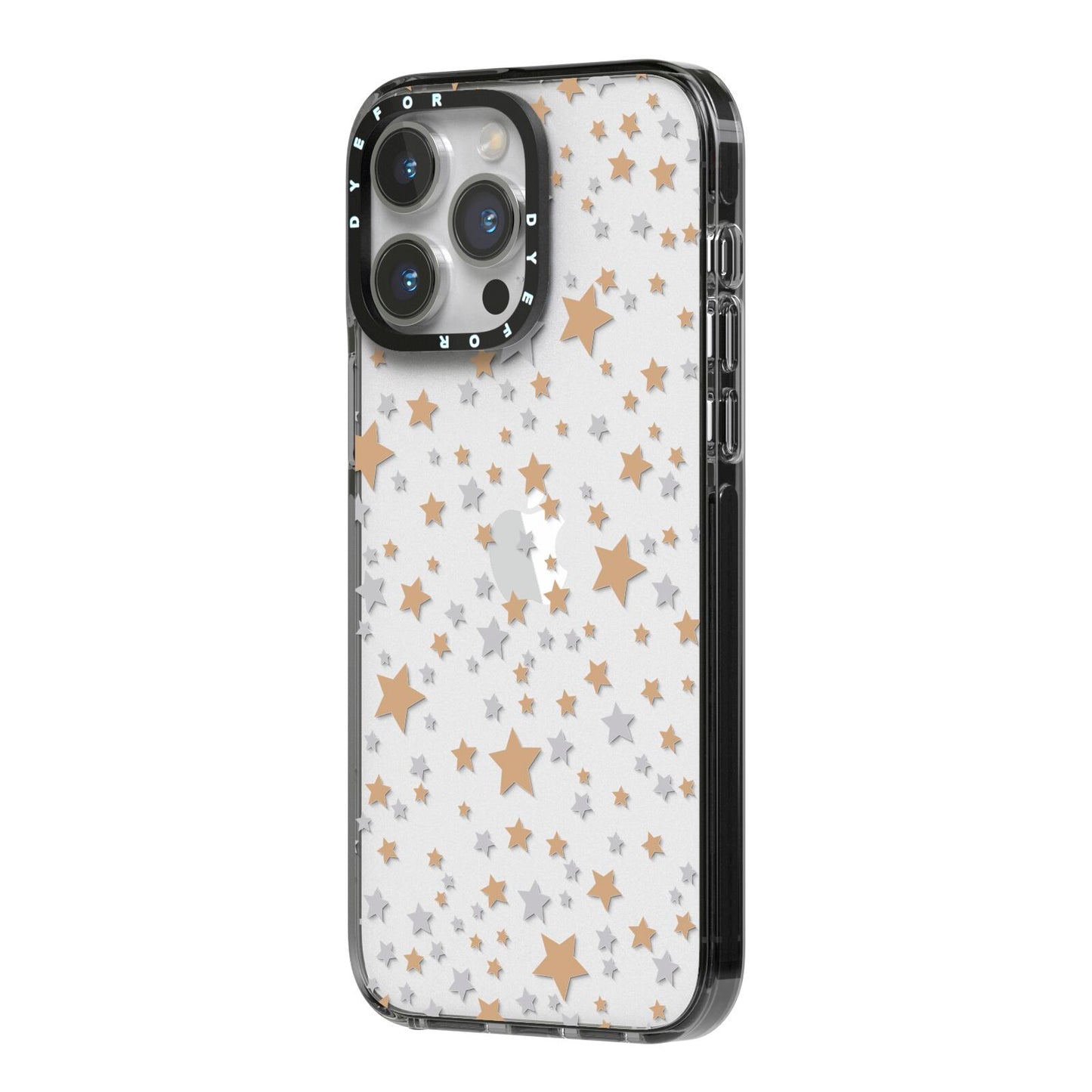 Silver Gold Stars iPhone 14 Pro Max Black Impact Case Side Angle on Silver phone