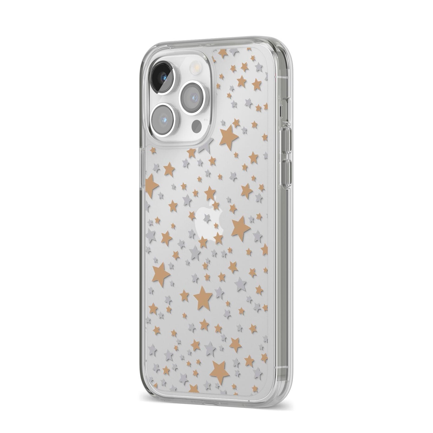 Silver Gold Stars iPhone 14 Pro Max Clear Tough Case Silver Angled Image