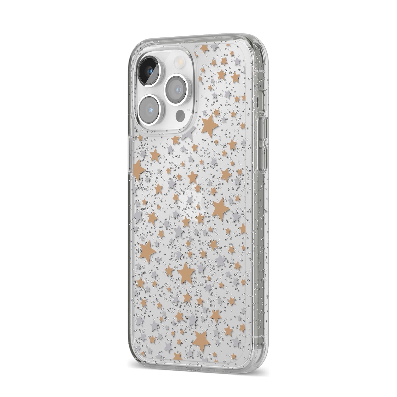 Silver Gold Stars iPhone 14 Pro Max Glitter Tough Case Silver Angled Image