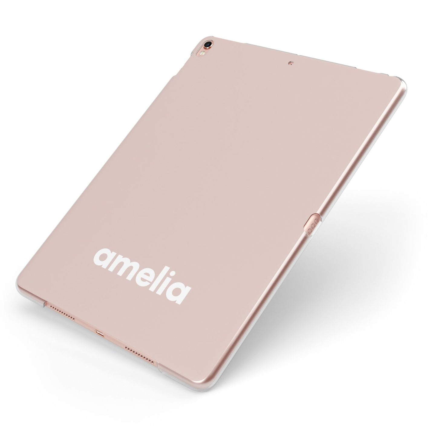 Simple Blush Pink with Name Apple iPad Case on Rose Gold iPad Side View