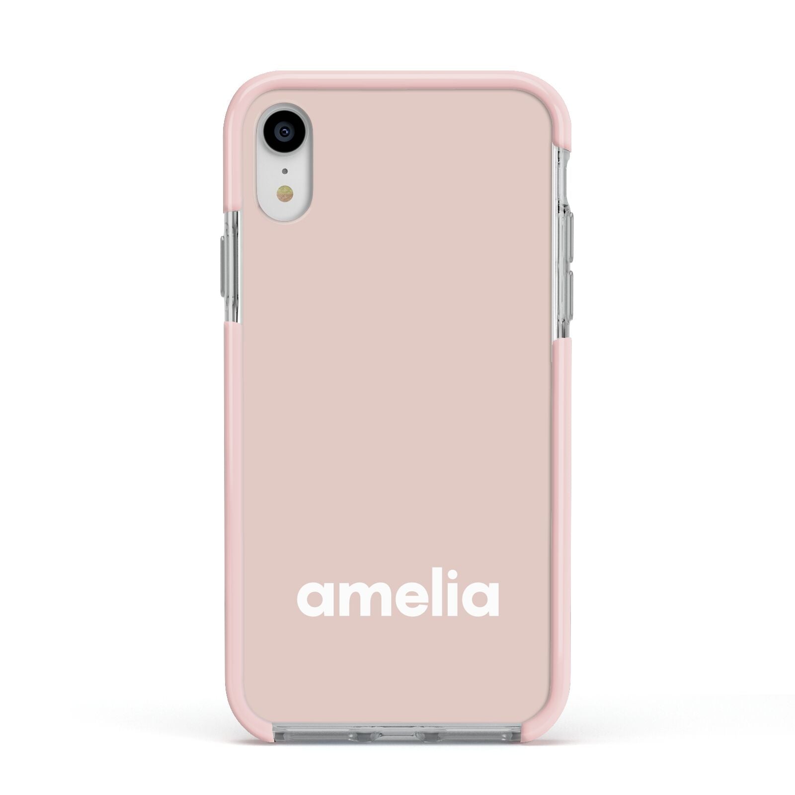 Simple Blush Pink with Name Apple iPhone XR Impact Case Pink Edge on Silver Phone