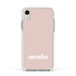 Simple Blush Pink with Name Apple iPhone XR Impact Case White Edge on Silver Phone