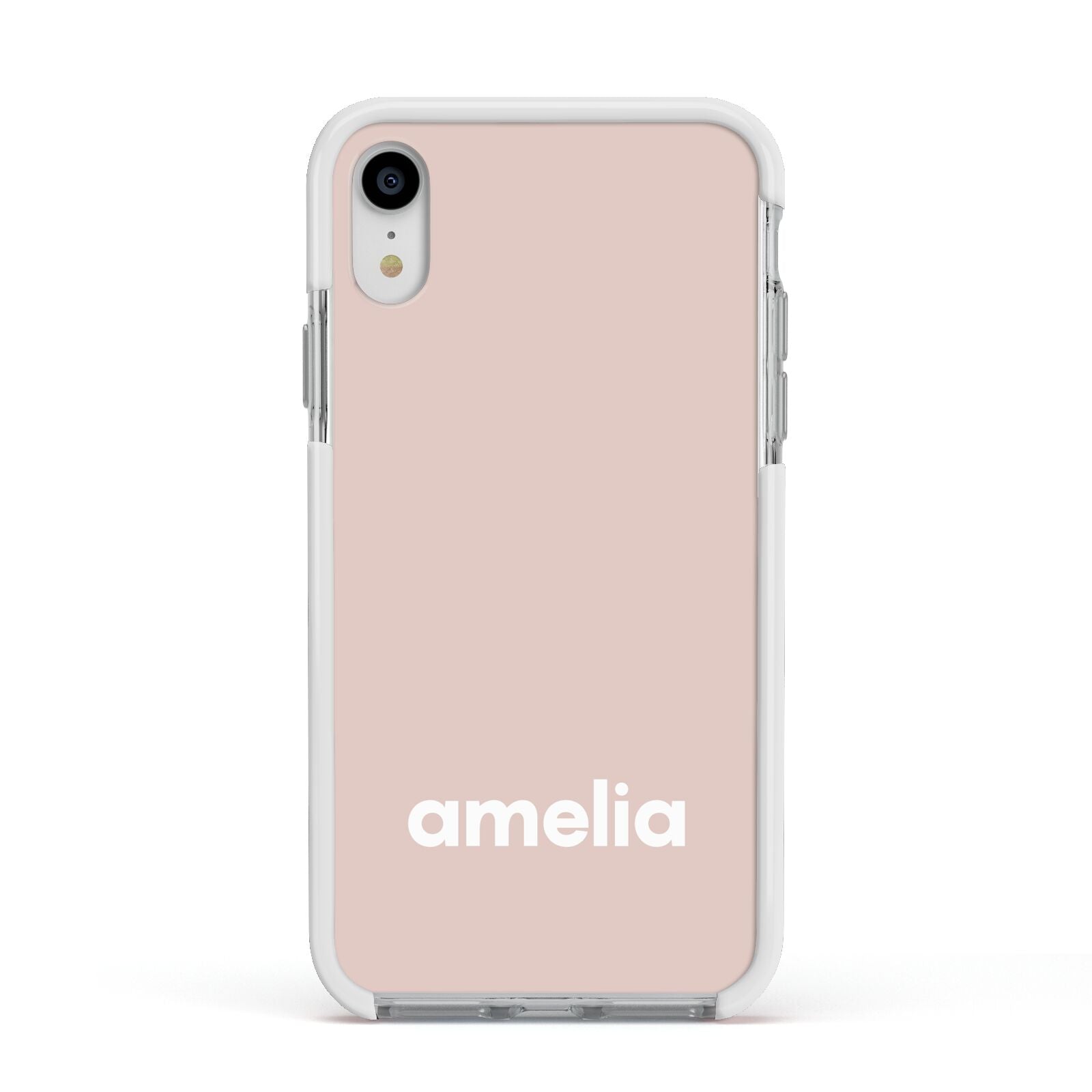 Simple Blush Pink with Name Apple iPhone XR Impact Case White Edge on Silver Phone