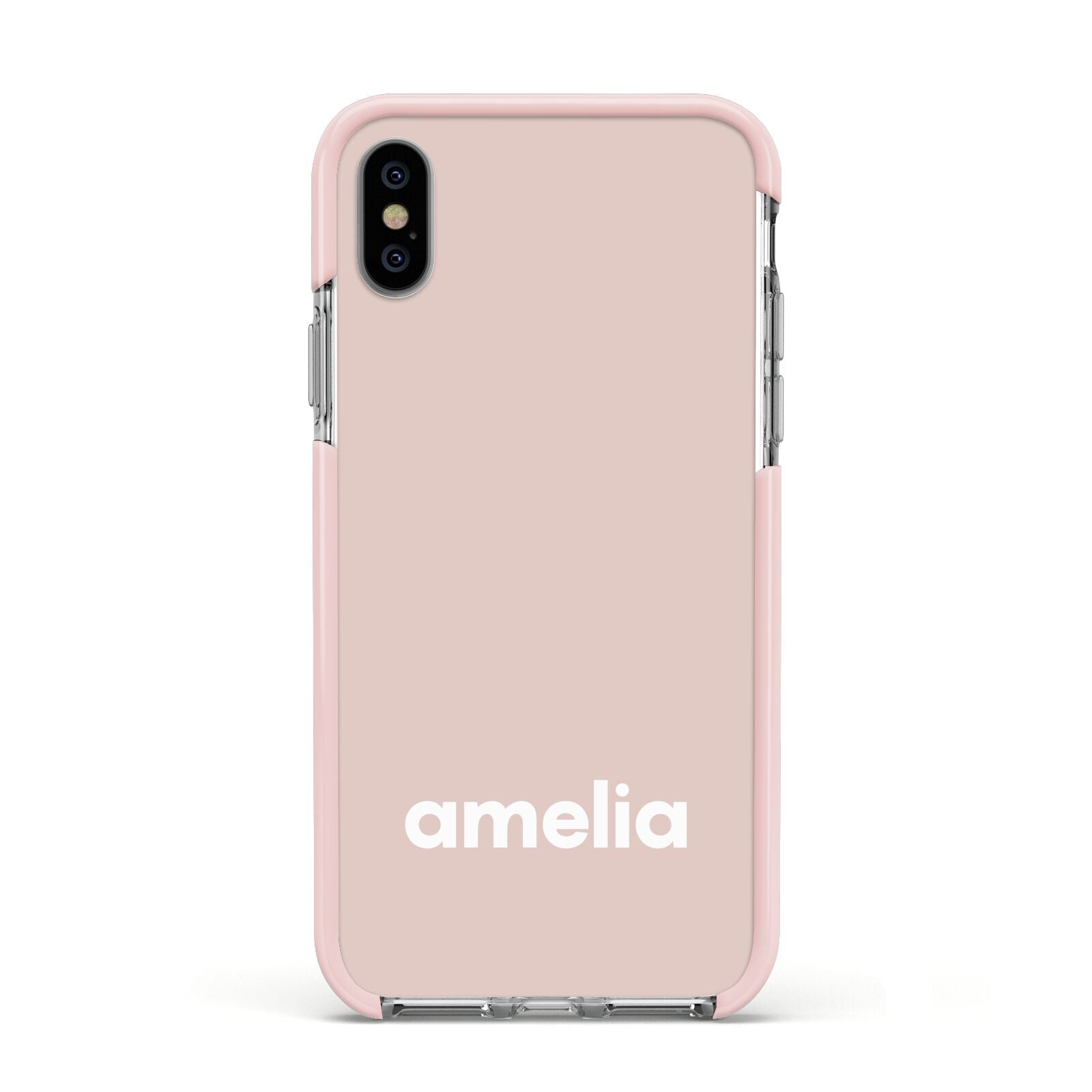 Simple Blush Pink with Name Apple iPhone Xs Impact Case Pink Edge on Silver Phone