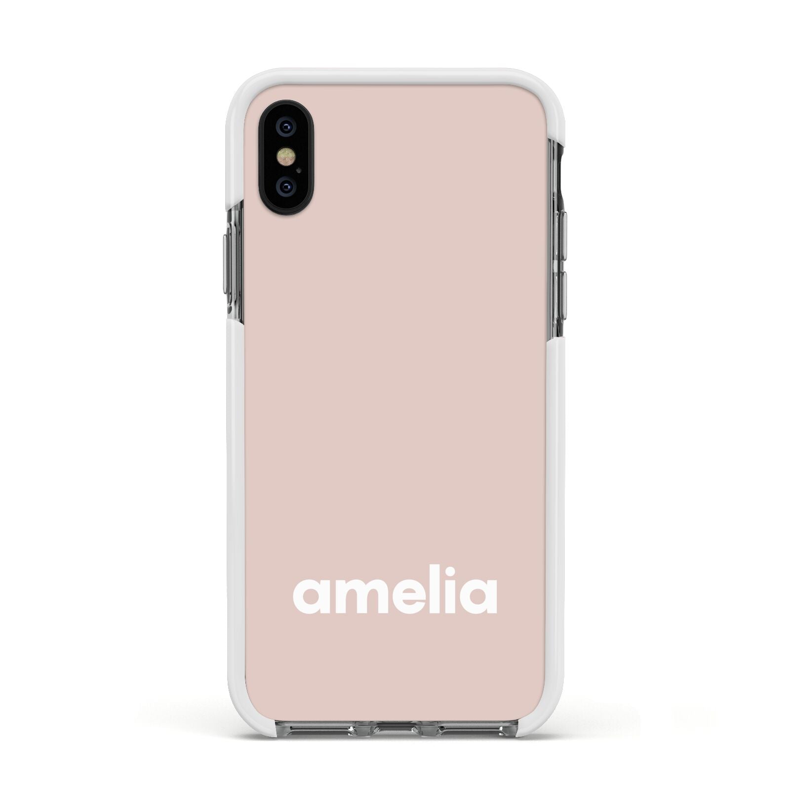Simple Blush Pink with Name Apple iPhone Xs Impact Case White Edge on Black Phone