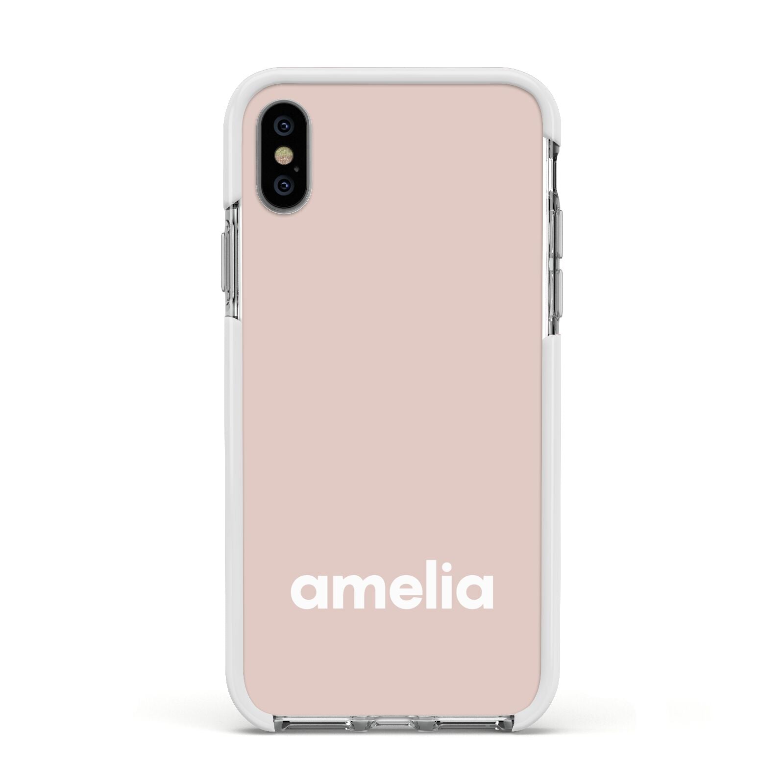 Simple Blush Pink with Name Apple iPhone Xs Impact Case White Edge on Silver Phone