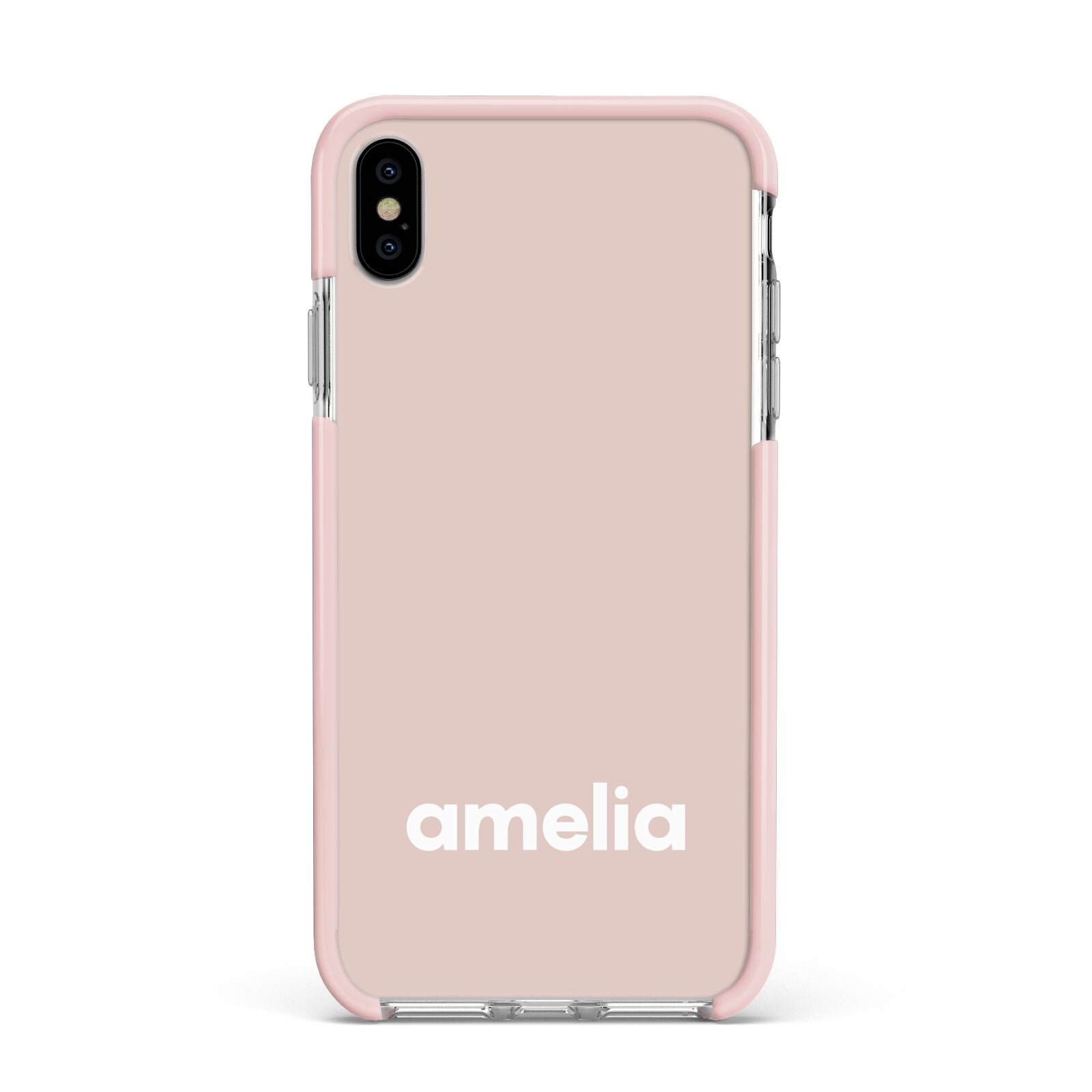 Simple Blush Pink with Name Apple iPhone Xs Max Impact Case Pink Edge on Silver Phone
