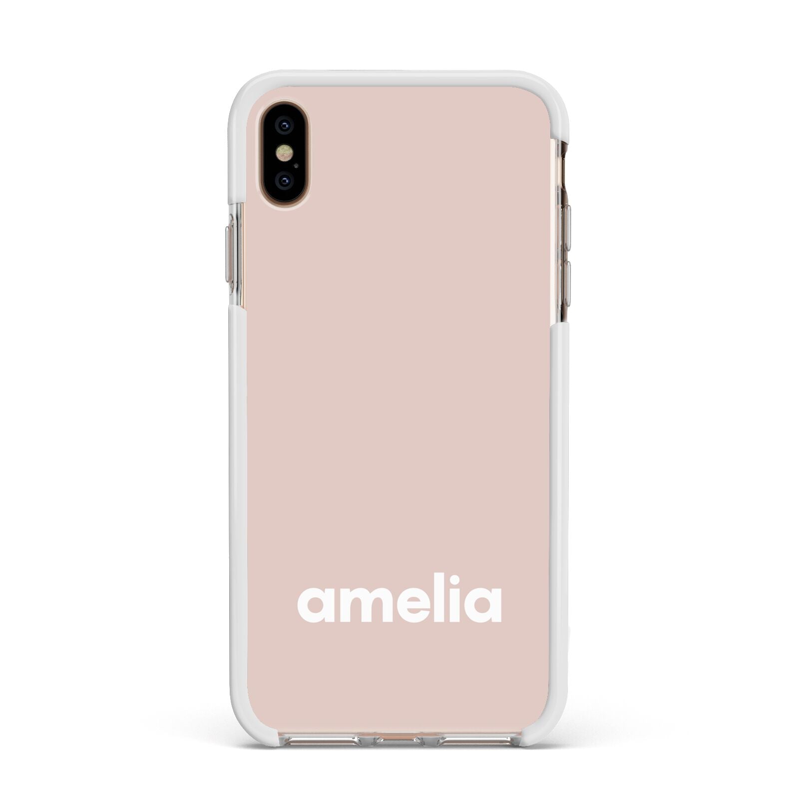 Simple Blush Pink with Name Apple iPhone Xs Max Impact Case White Edge on Gold Phone