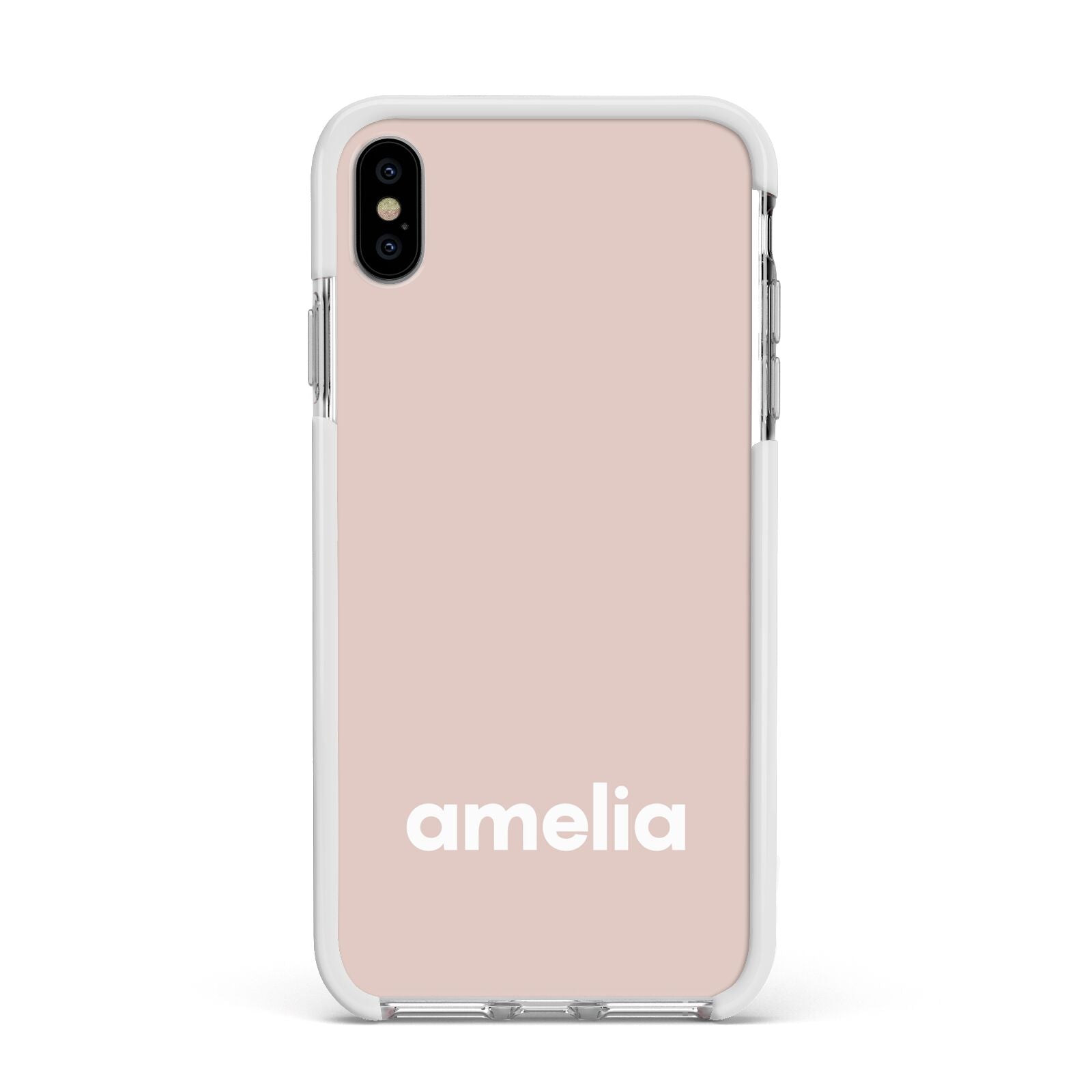 Simple Blush Pink with Name Apple iPhone Xs Max Impact Case White Edge on Silver Phone