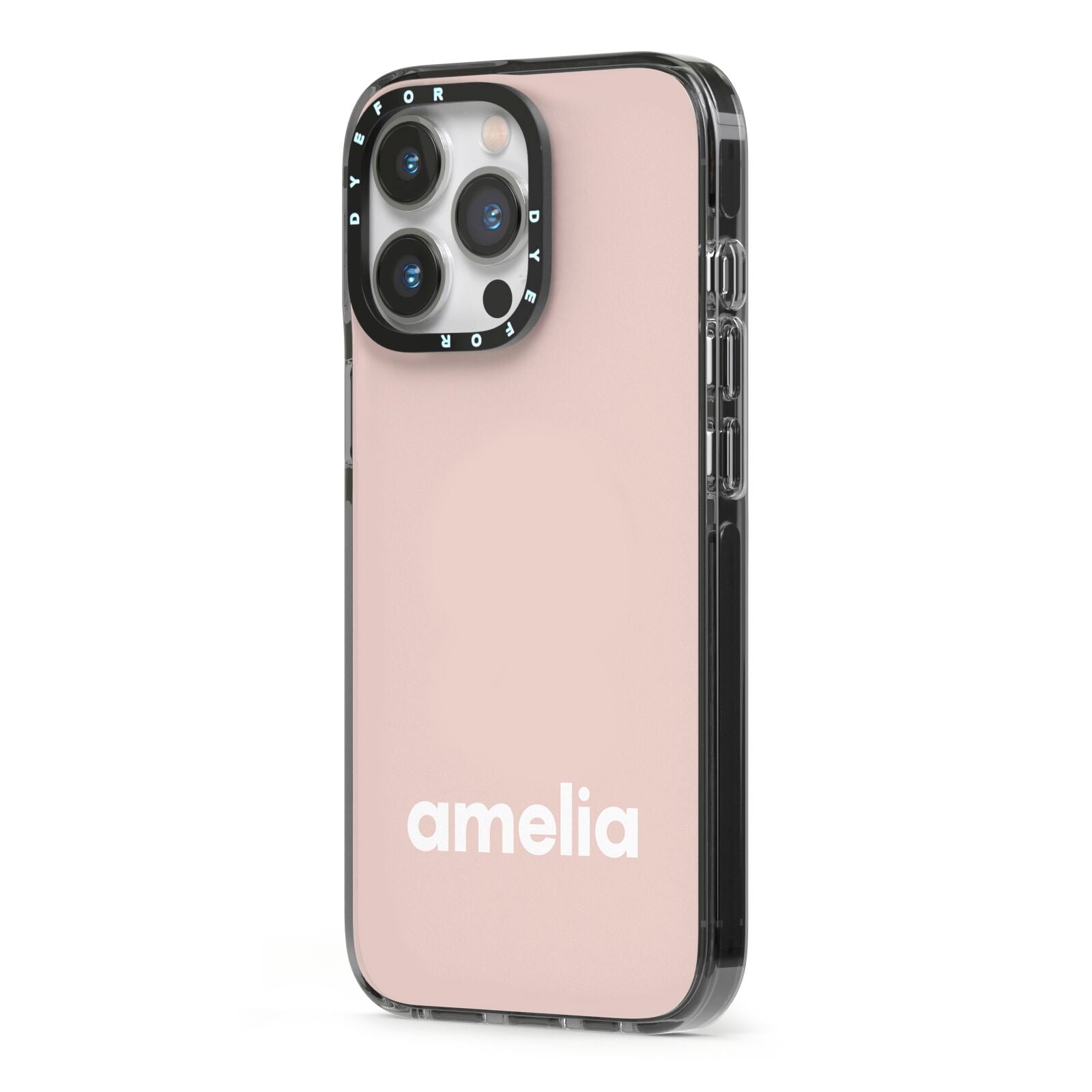 Simple Blush Pink with Name iPhone 13 Pro Black Impact Case Side Angle on Silver phone