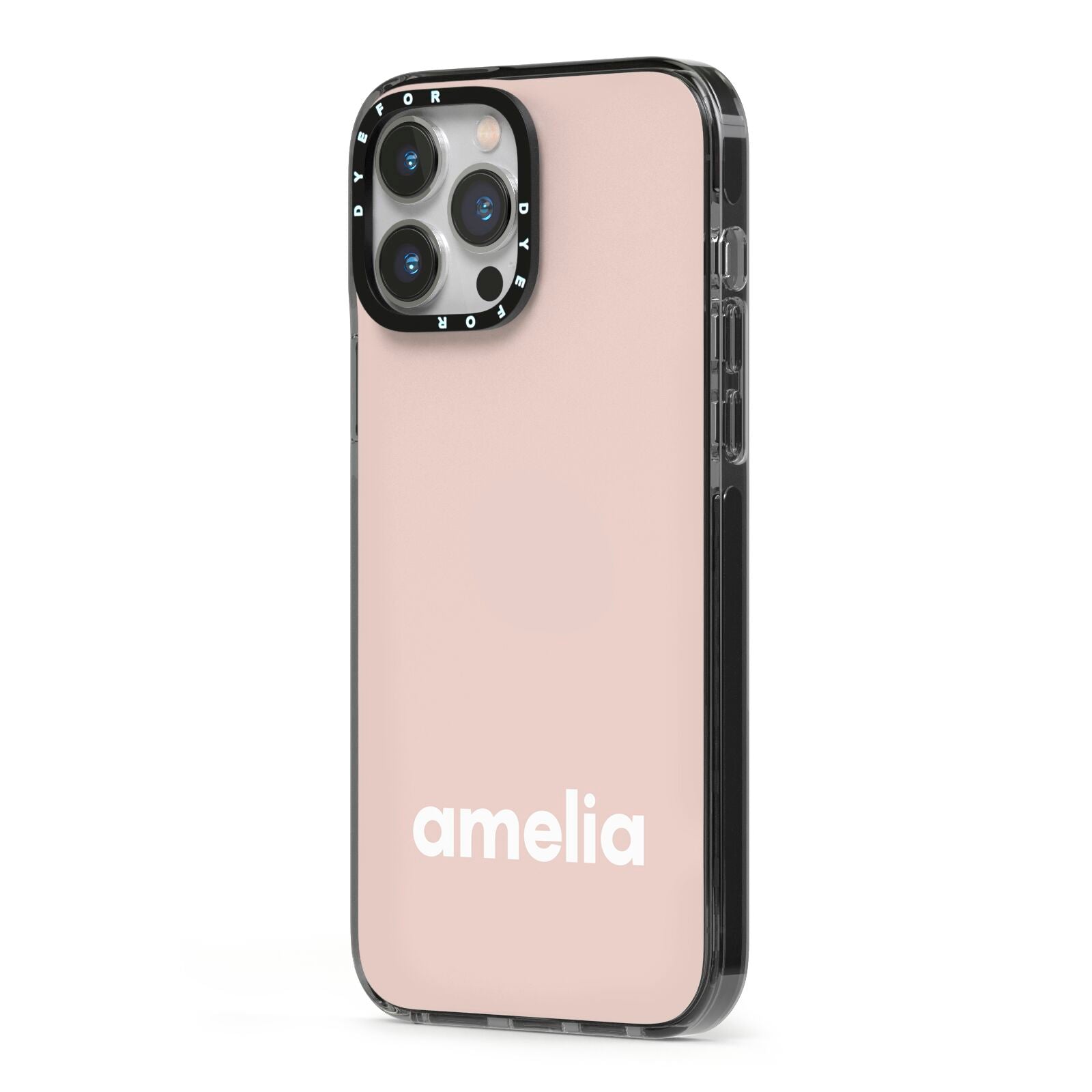 Simple Blush Pink with Name iPhone 13 Pro Max Black Impact Case Side Angle on Silver phone