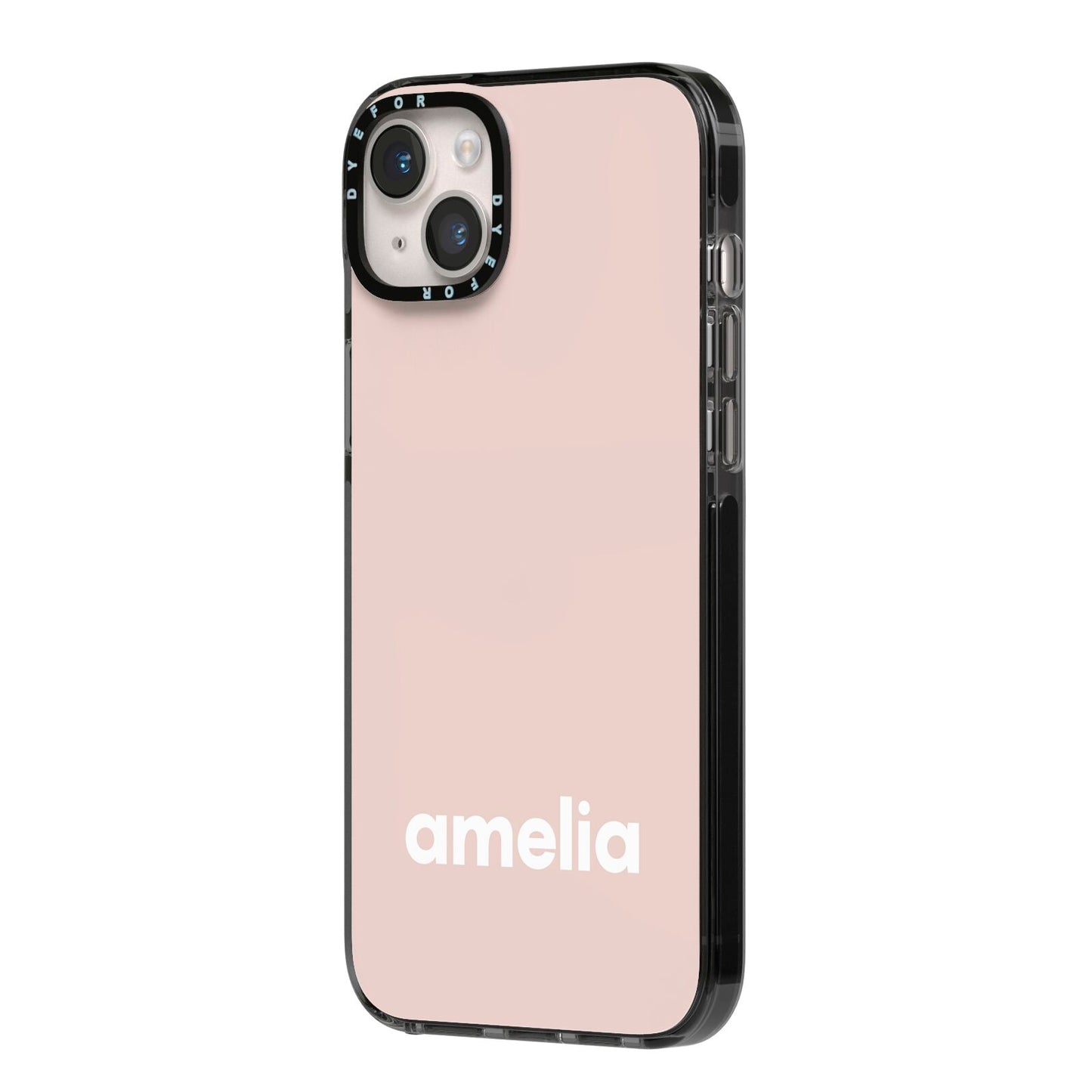 Simple Blush Pink with Name iPhone 14 Plus Black Impact Case Side Angle on Silver phone