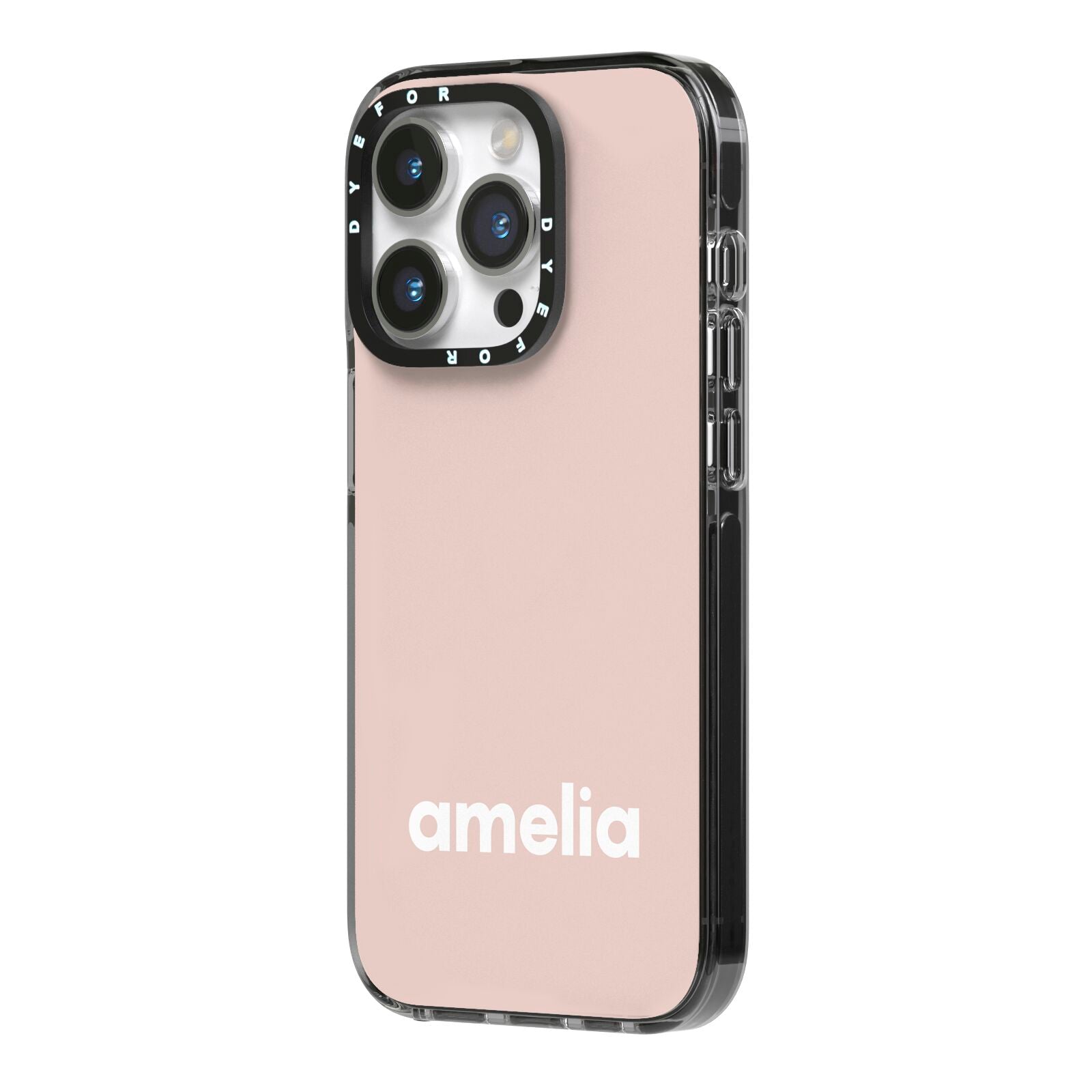 Simple Blush Pink with Name iPhone 14 Pro Black Impact Case Side Angle on Silver phone