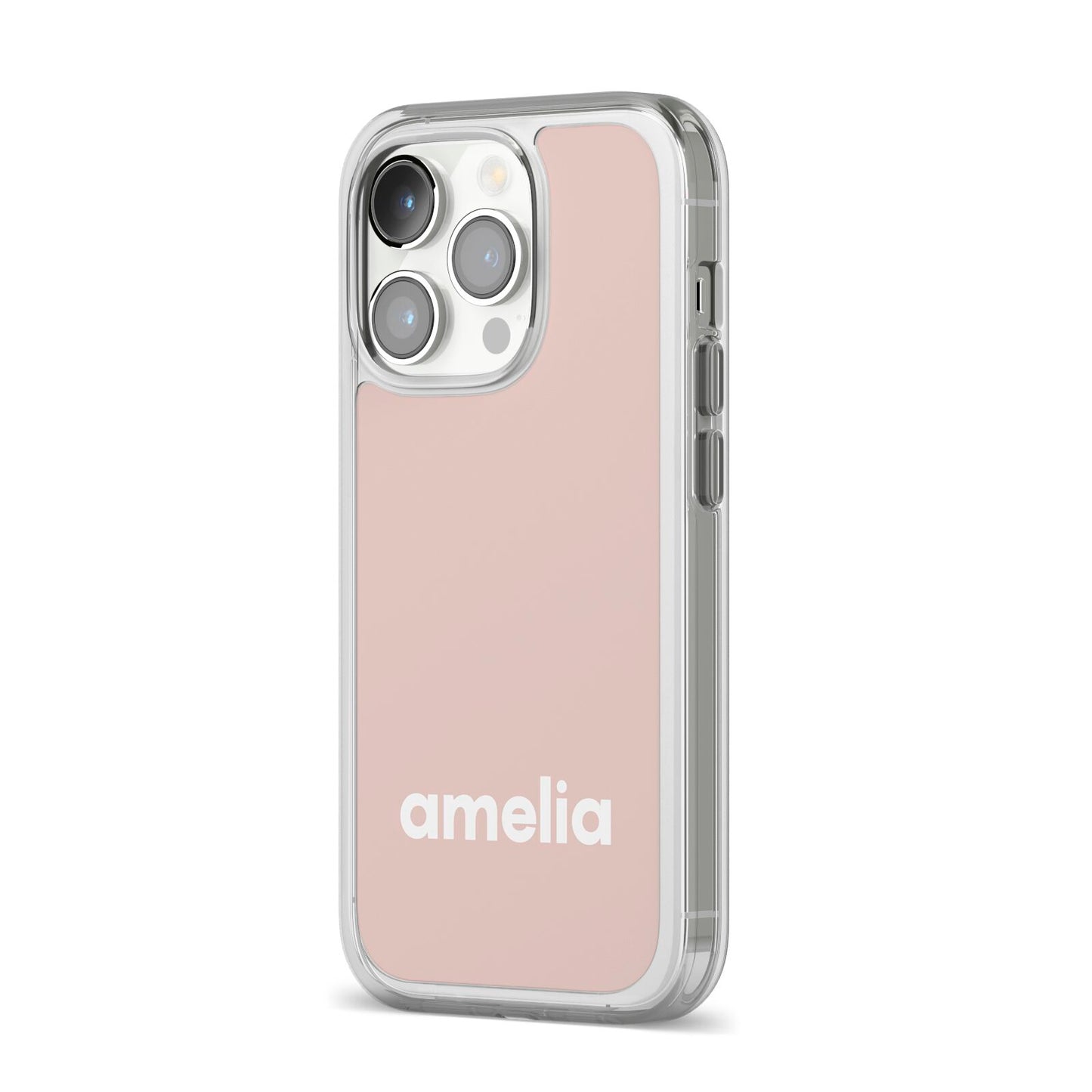 Simple Blush Pink with Name iPhone 14 Pro Clear Tough Case Silver Angled Image