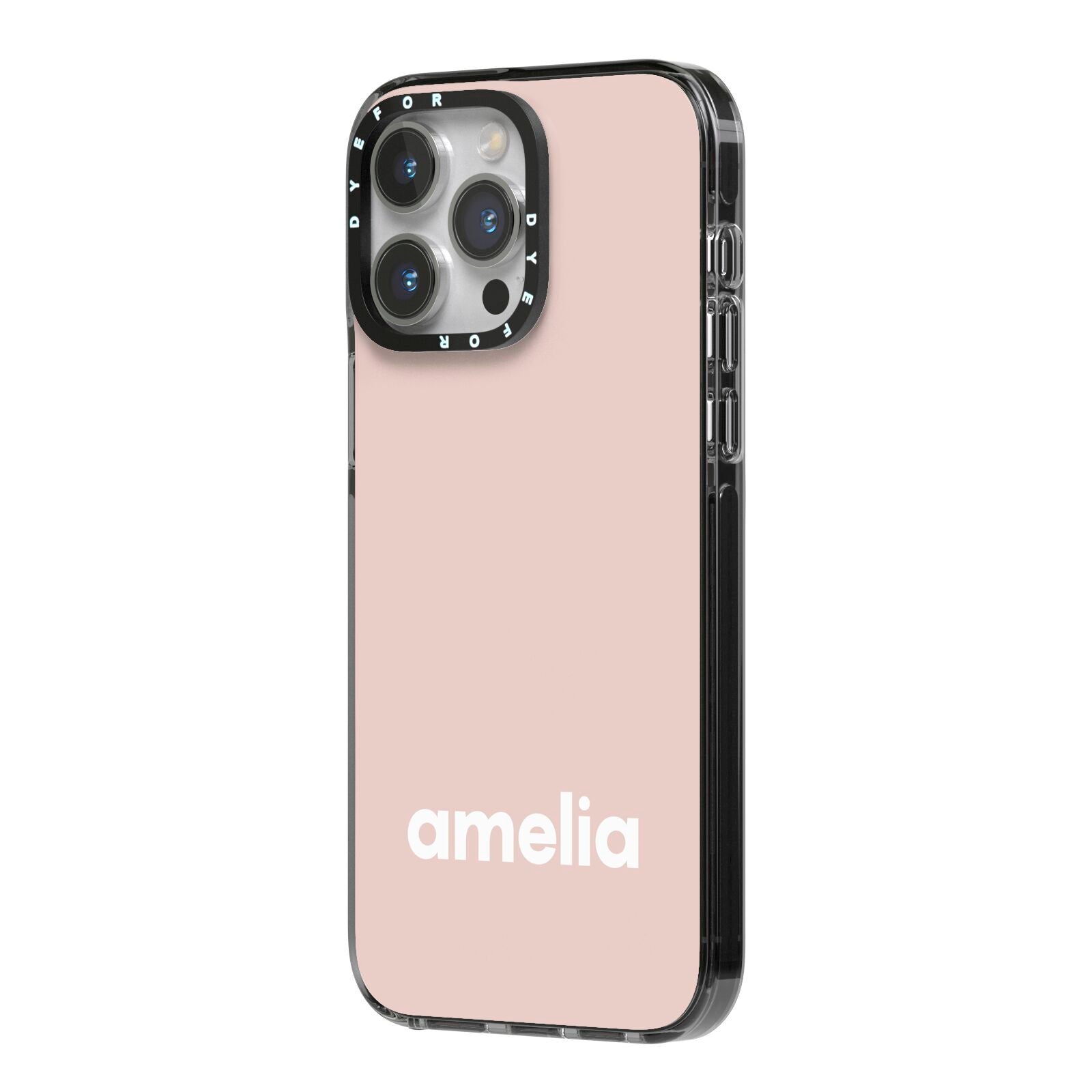 Simple Blush Pink with Name iPhone 14 Pro Max Black Impact Case Side Angle on Silver phone