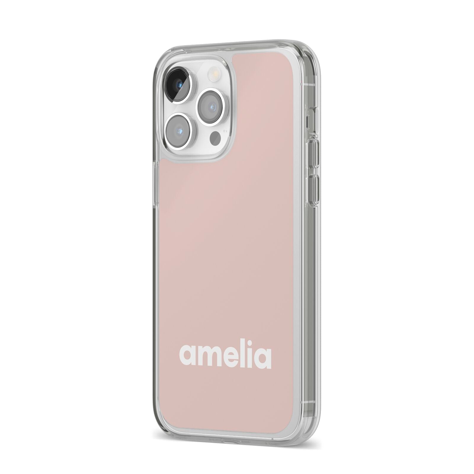 Simple Blush Pink with Name iPhone 14 Pro Max Clear Tough Case Silver Angled Image