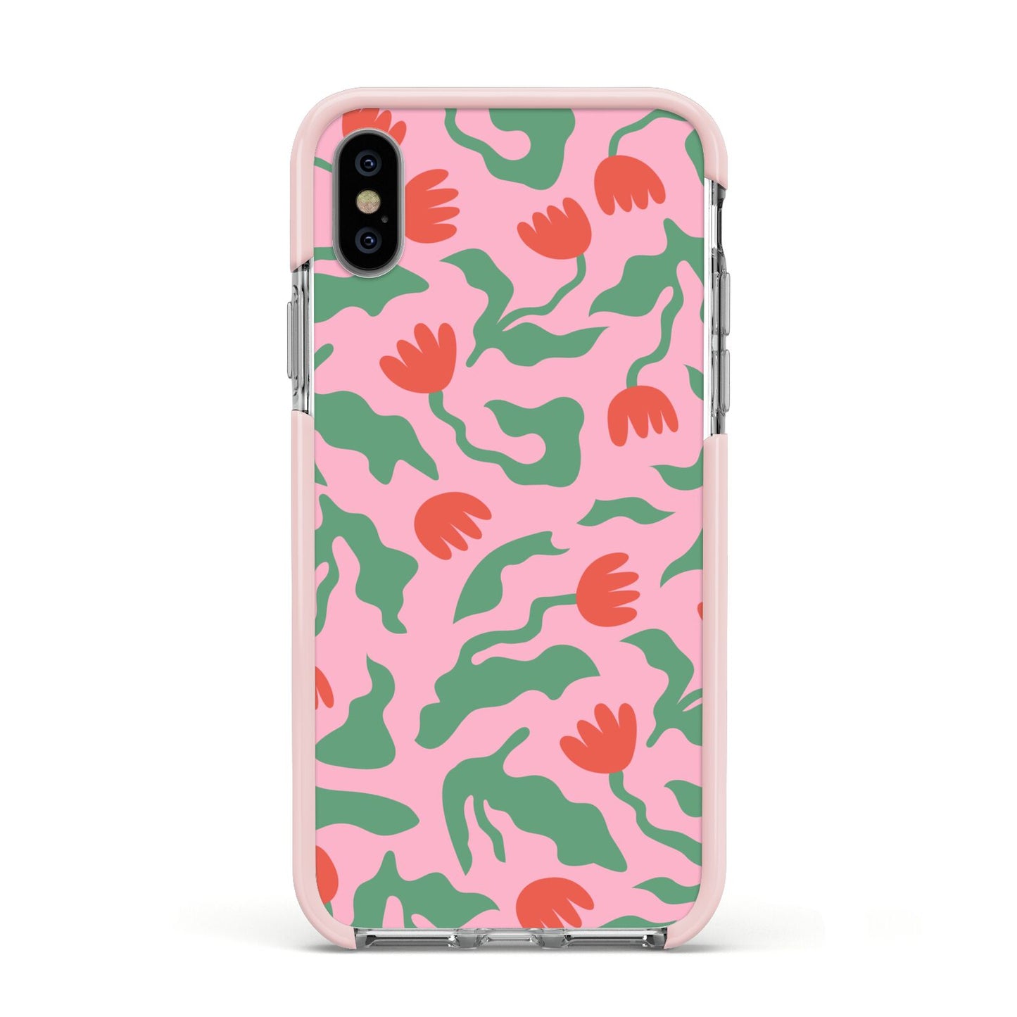 Simple Floral Apple iPhone Xs Impact Case Pink Edge on Silver Phone