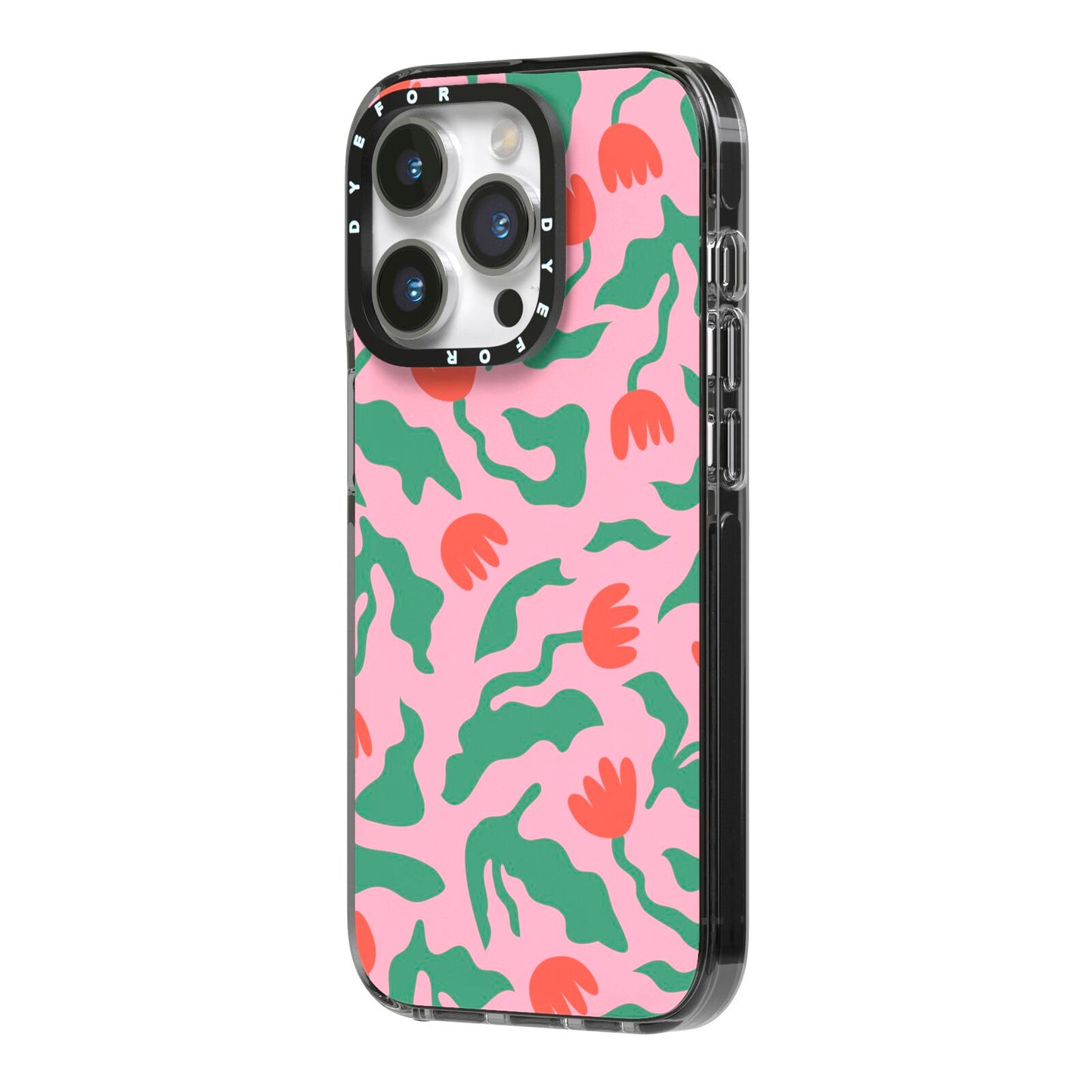 Simple Floral iPhone 14 Pro Black Impact Case Side Angle on Silver phone